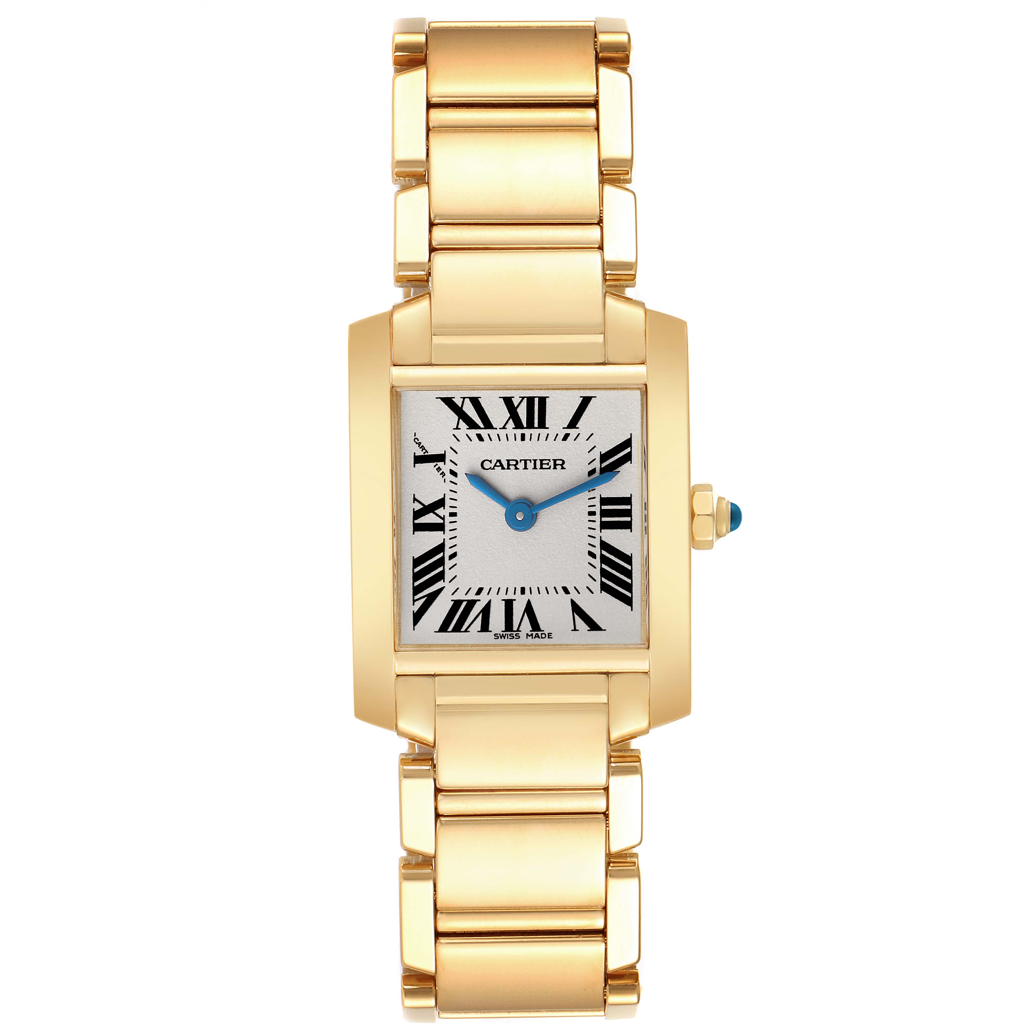 The Cartier Tank Française watch is shown from the front, displaying the dial, hands, case, and bracelet.