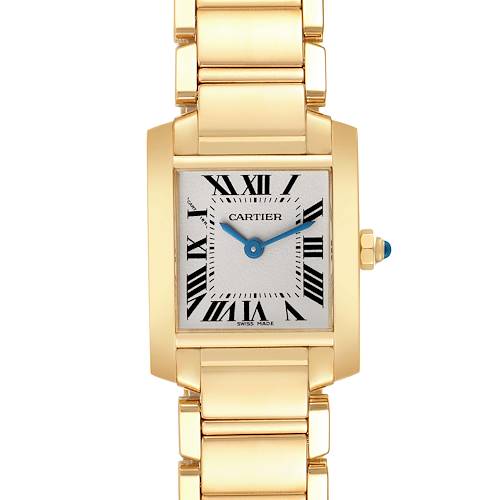 The image shows a Cartier Tank Francaise watch from a front angle, highlighting the face, strap, and crown with a blue cabochon.