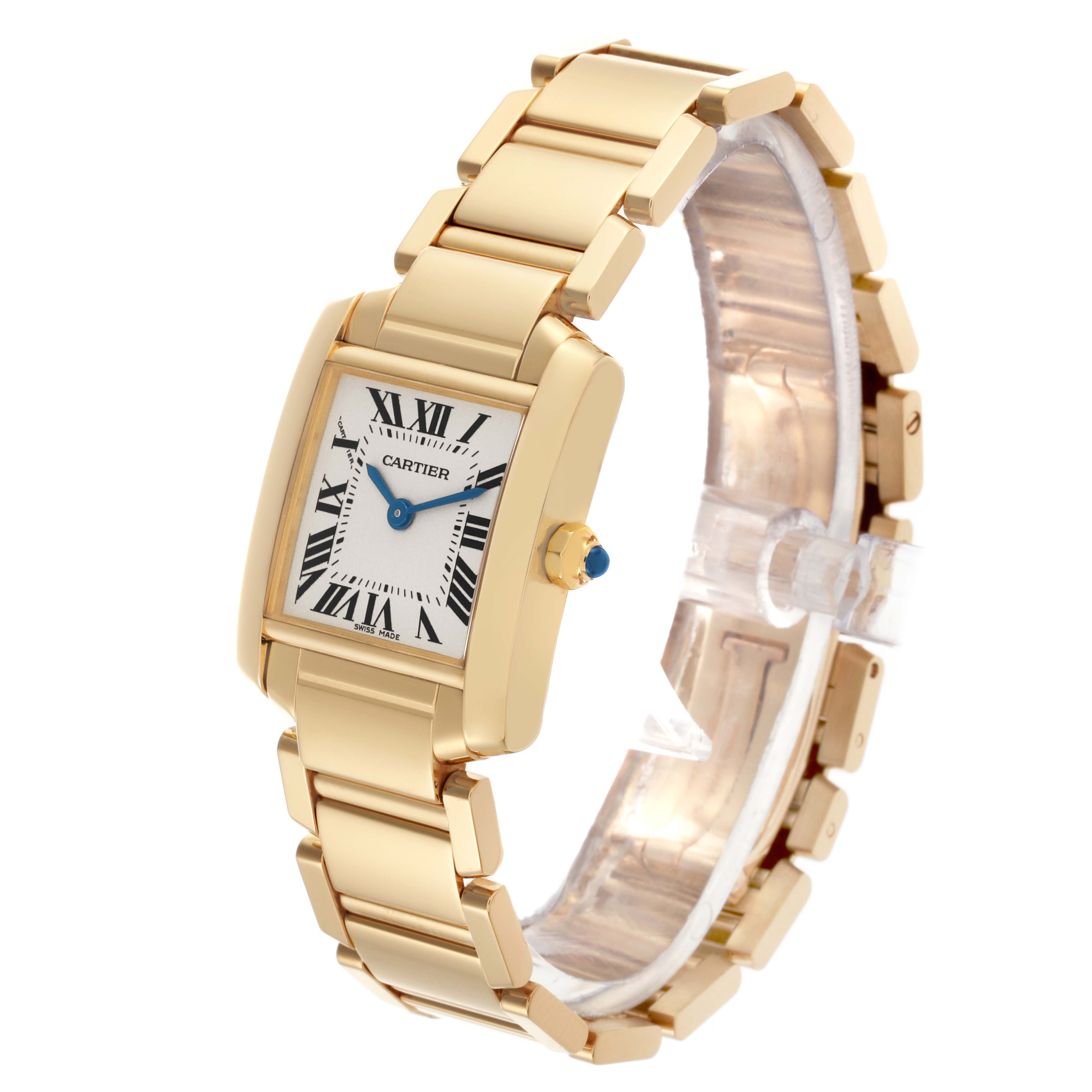 The Cartier Tank Française watch is shown at an oblique angle, displaying its rectangular face, bracelet, and crown.