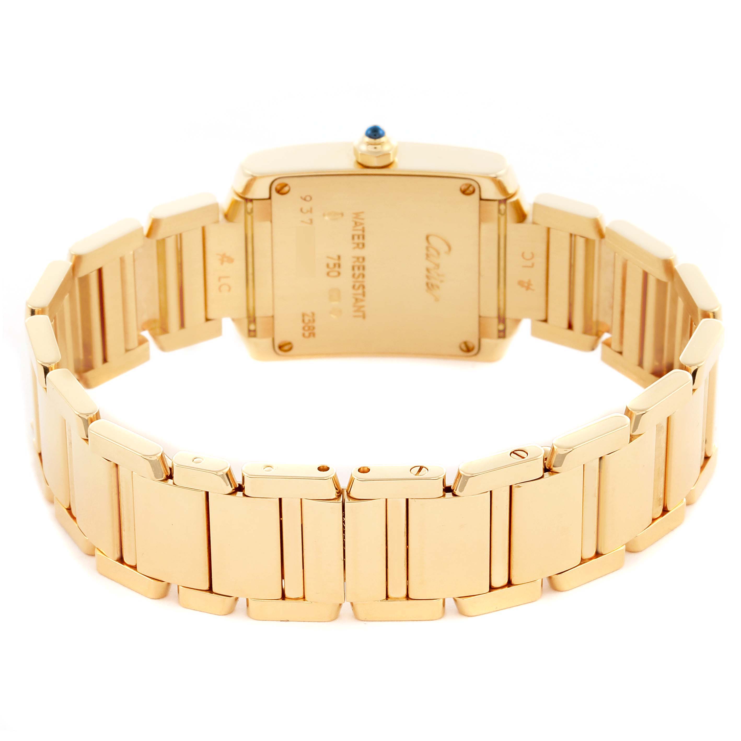 The image shows the back of the Cartier Tank Francaise W50002N2 Women's Yellow Gold Silver Dial W50002N2 Women's Yellow Gold Silver Dial watch, highlighting its gold case and bracelet.