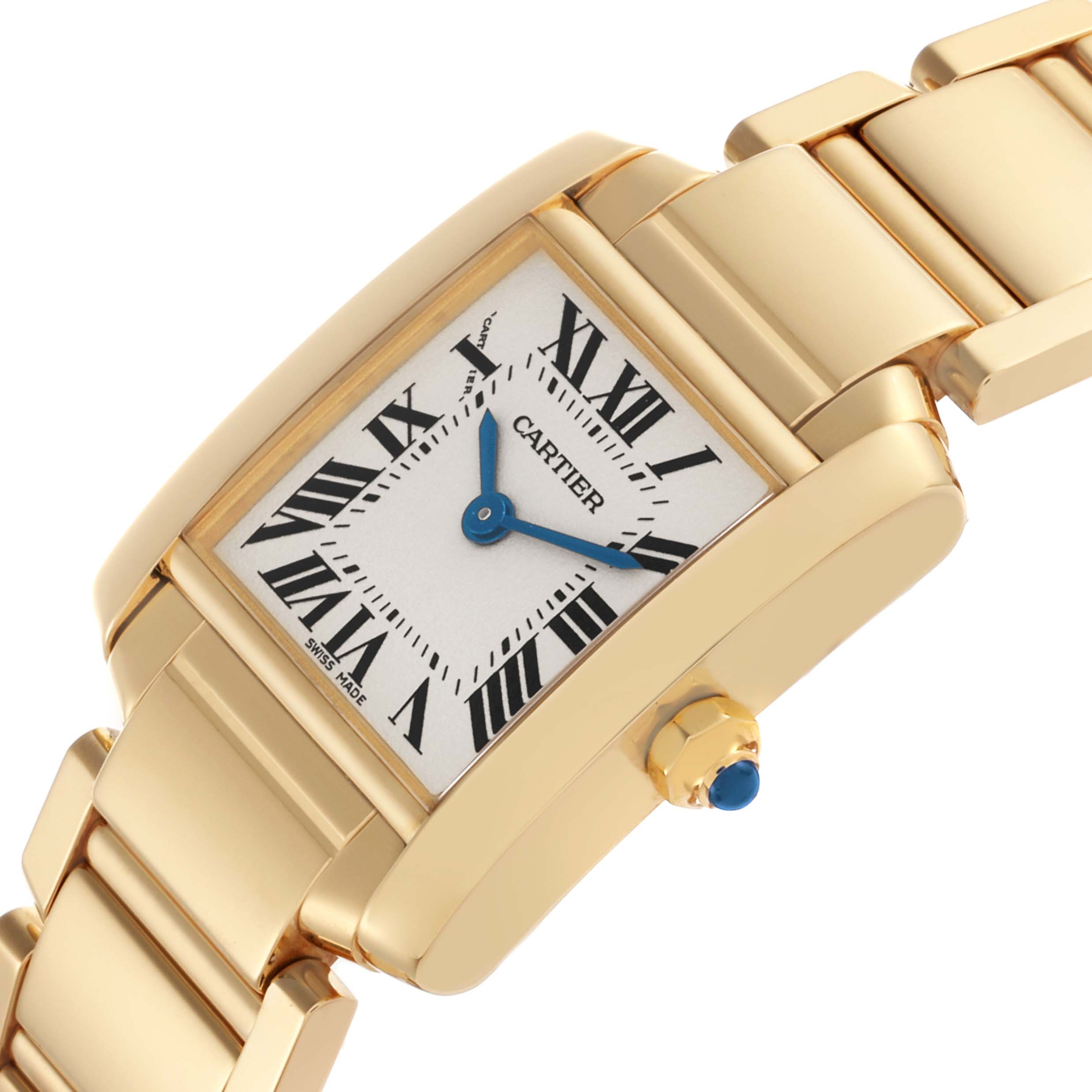 The Cartier Tank Francaise W50002N2 Women's Yellow Gold Silver Dial W50002N2 Women's Yellow Gold Silver Dial watch is shown at an angled side view, highlighting the gold bracelet, dial, and crown with a blue cabochon.