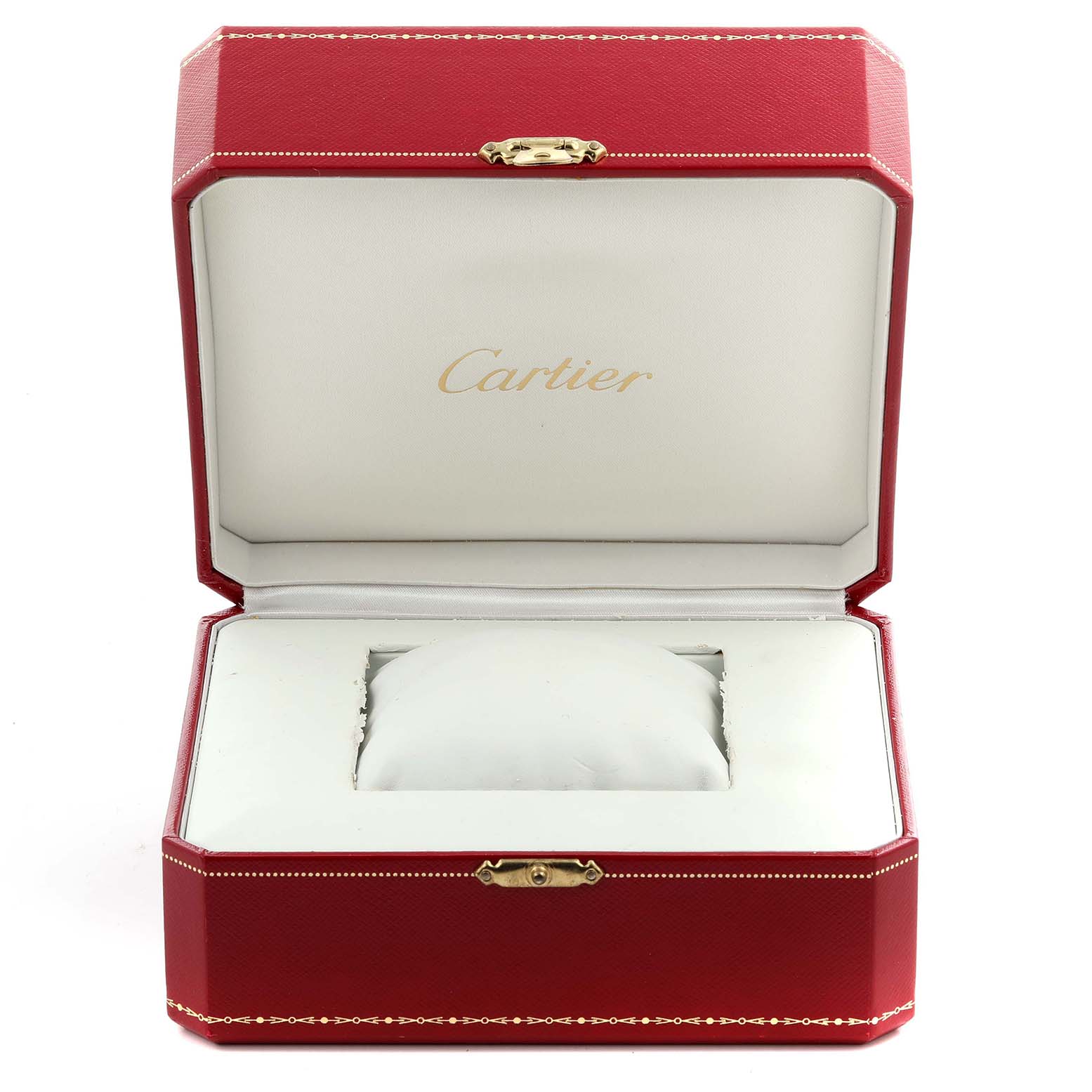 The image shows an open Cartier watch box for the Tank Francaise model, featuring a red exterior and white interior.