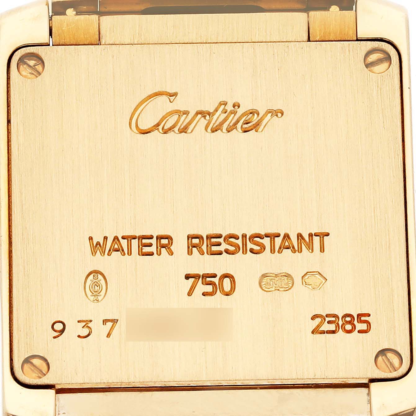 The image shows the back of a Cartier Tank Française watch, highlighting engravings and water resistance details.