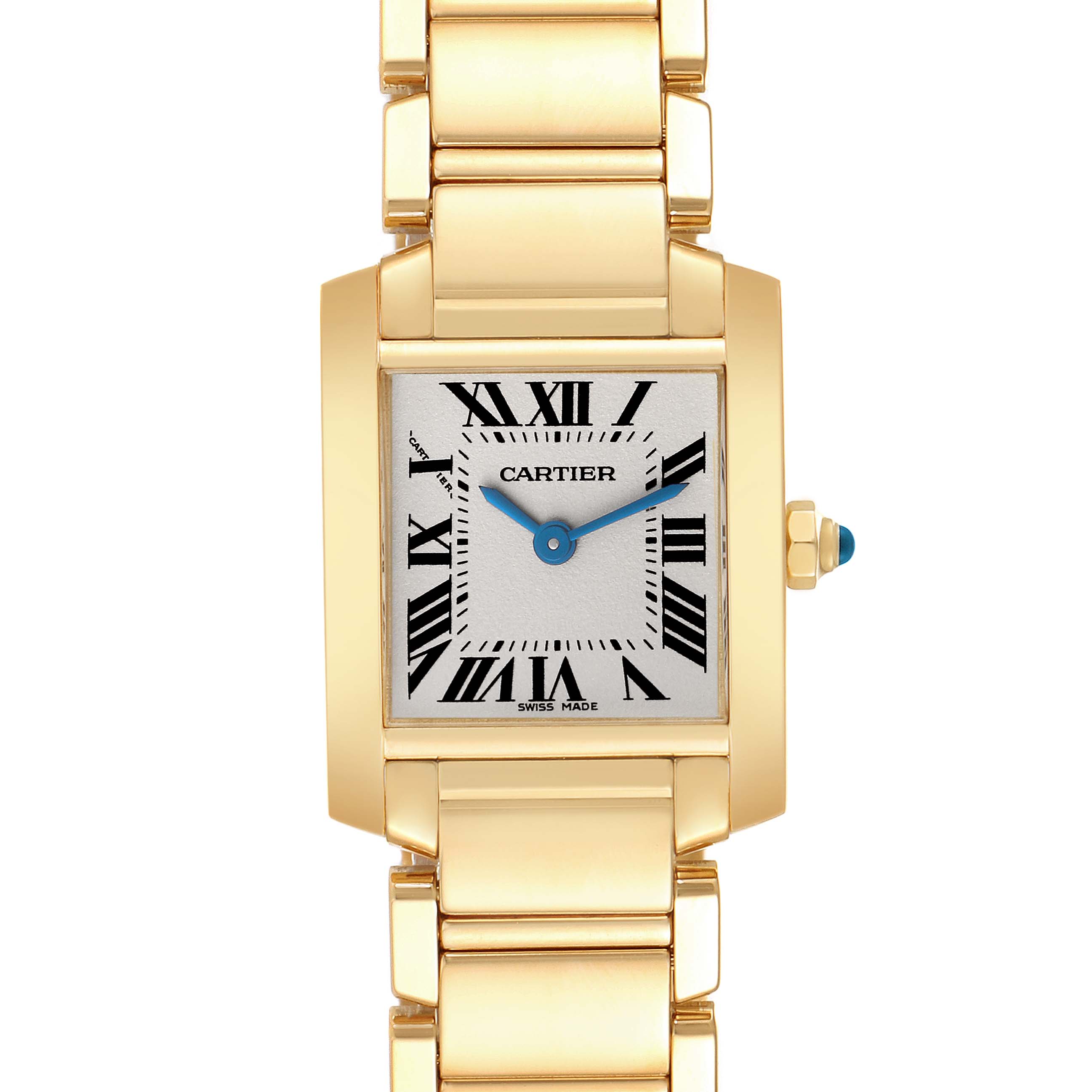 The Cartier Tank Française watch is shown from a front angle, displaying the dial and part of the gold bracelet.