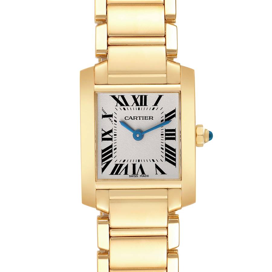 The Cartier Tank Française watch is shown from a front angle, displaying the dial and part of the gold bracelet.