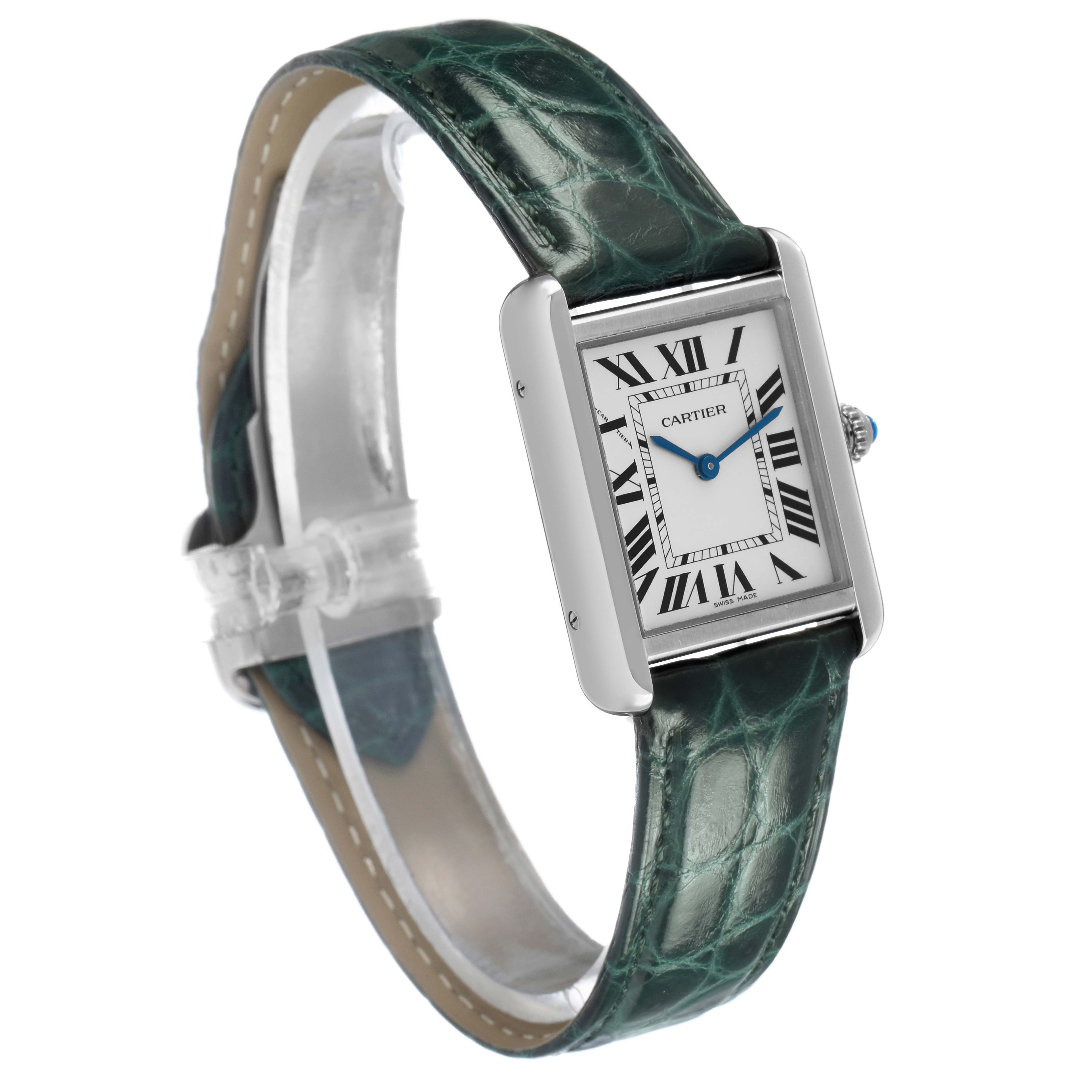 The Cartier Tank Solo WSTA0030 Women's Stainless Steel Silver Dial watch is shown at a slight angle displaying the face, casing, and green leather strap.