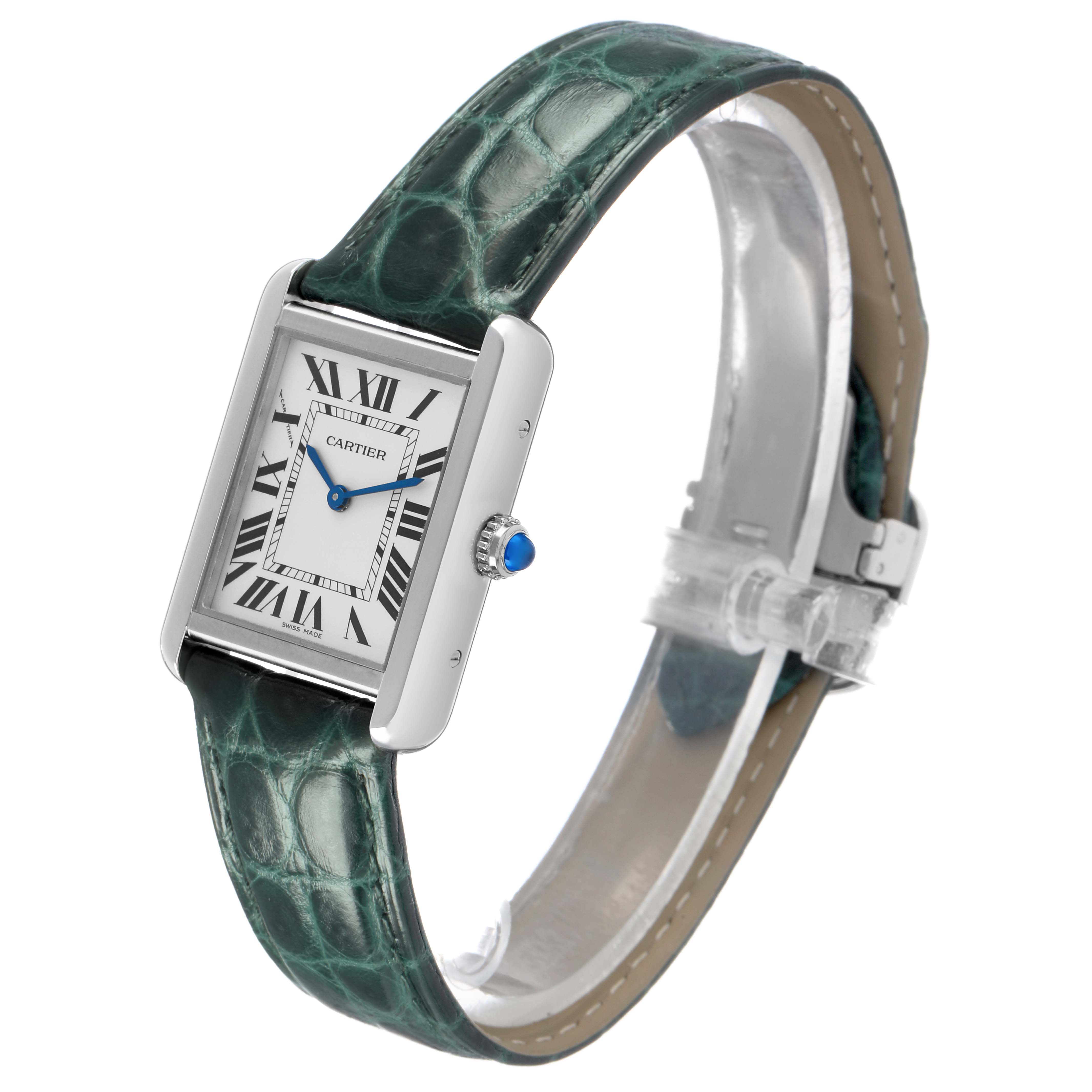 The Cartier Tank Solo WSTA0030 Women's Stainless Steel Silver Dial watch is shown at an angle highlighting the face, Roman numeral dial, blue hands, and leather strap.