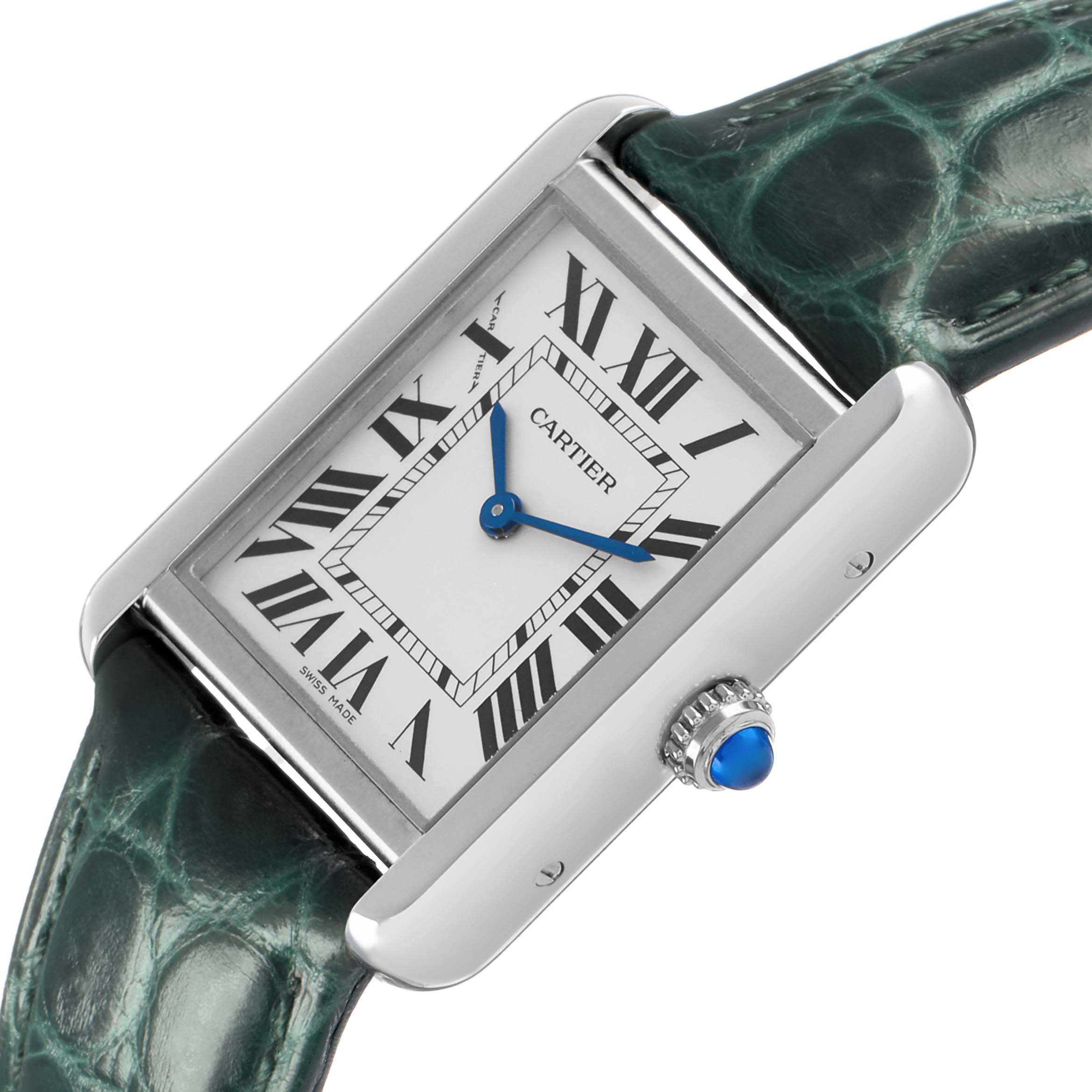 The Cartier Tank Solo WSTA0030 Women's Stainless Steel Silver Dial watch is shown at an angle highlighting the dial, Roman numerals, hands, and a leather strap.