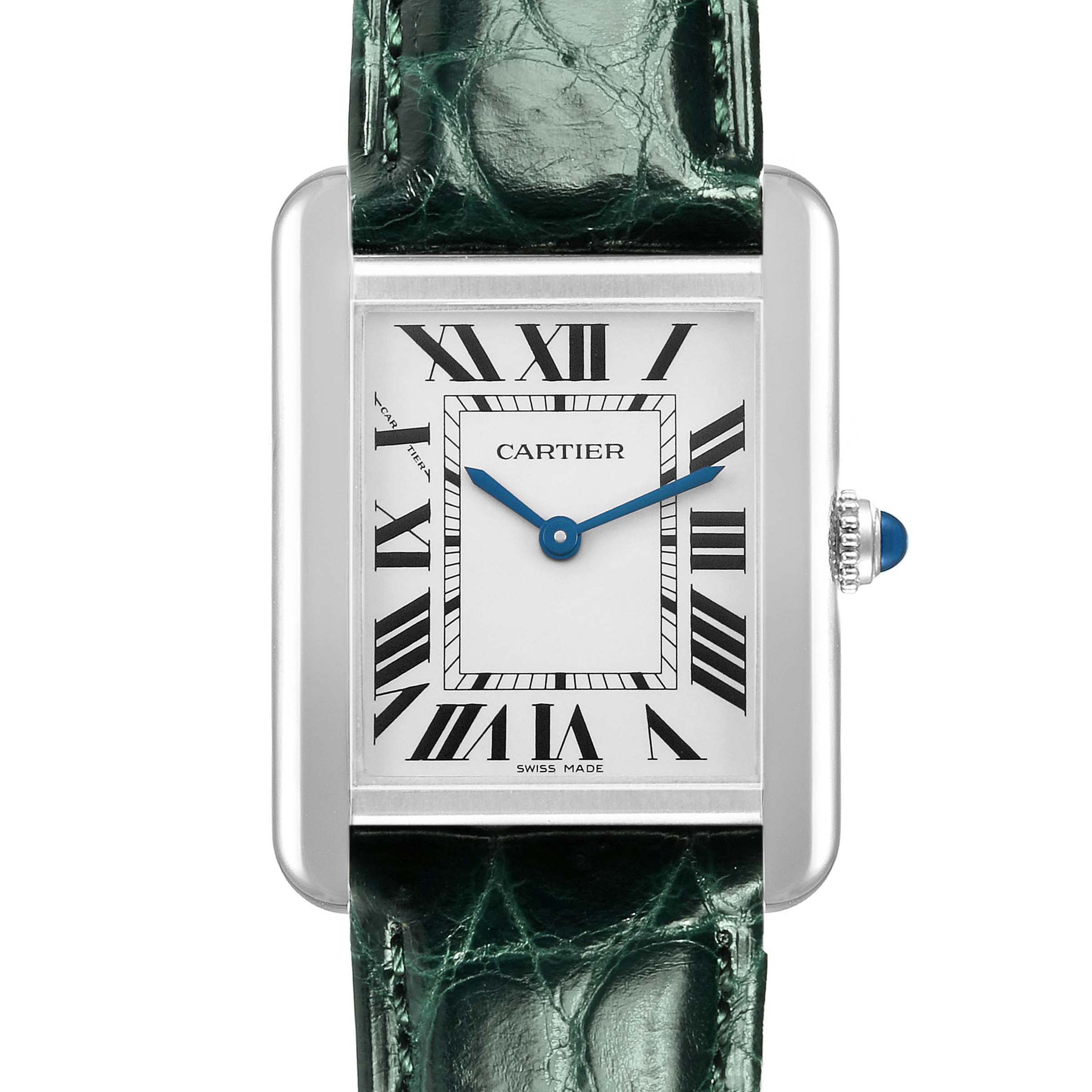 The Cartier Tank Solo WSTA0030 Women's Stainless Steel Silver Dial watch is shown from the front, highlighting the rectangular face, Roman numerals, and a green leather strap.
