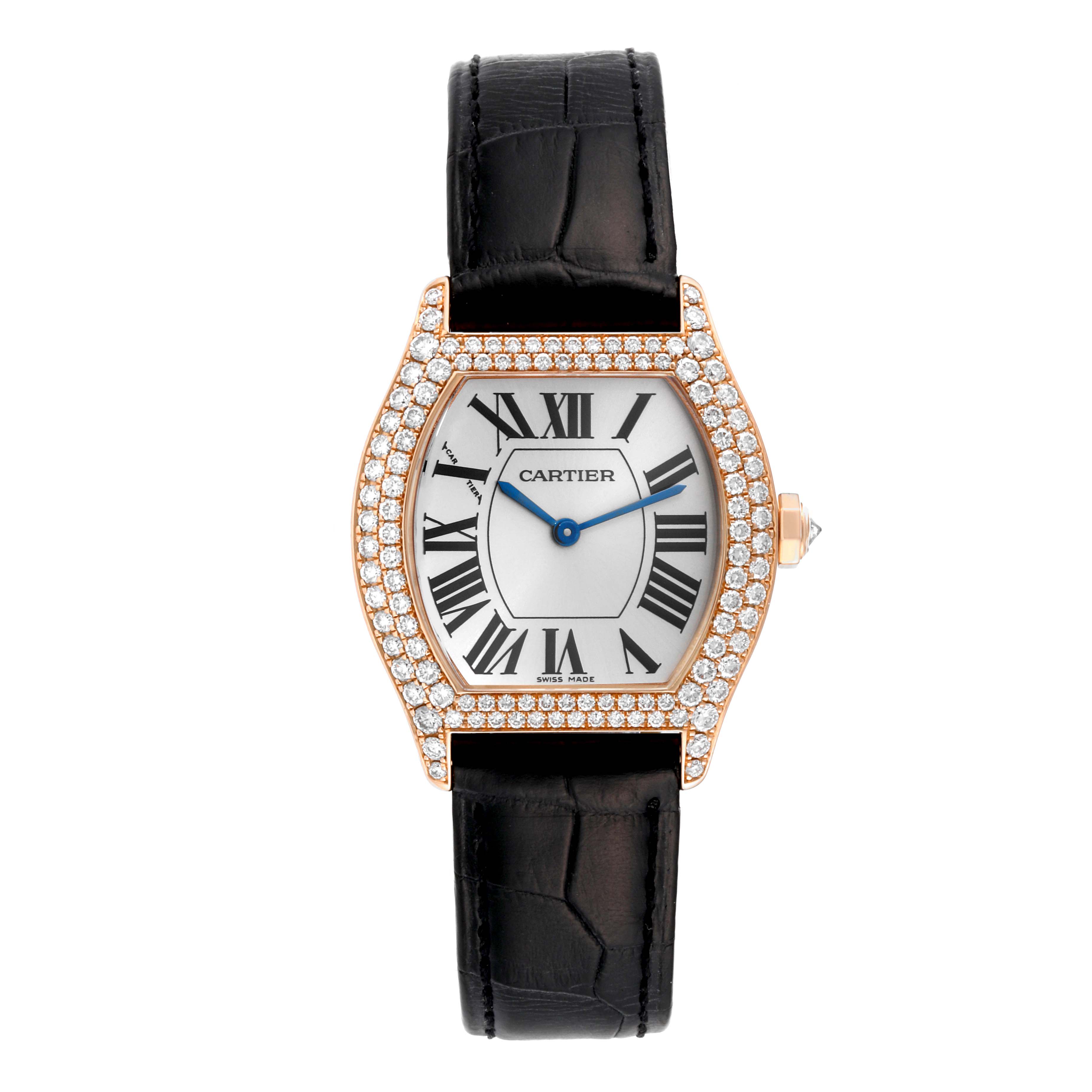 The image shows a front view of a Cartier Tortue WA505031 Women's Rose Gold Silver Dial WA505031 Women's Rose Gold Silver Dial model watch with a diamond bezel and black leather strap.
