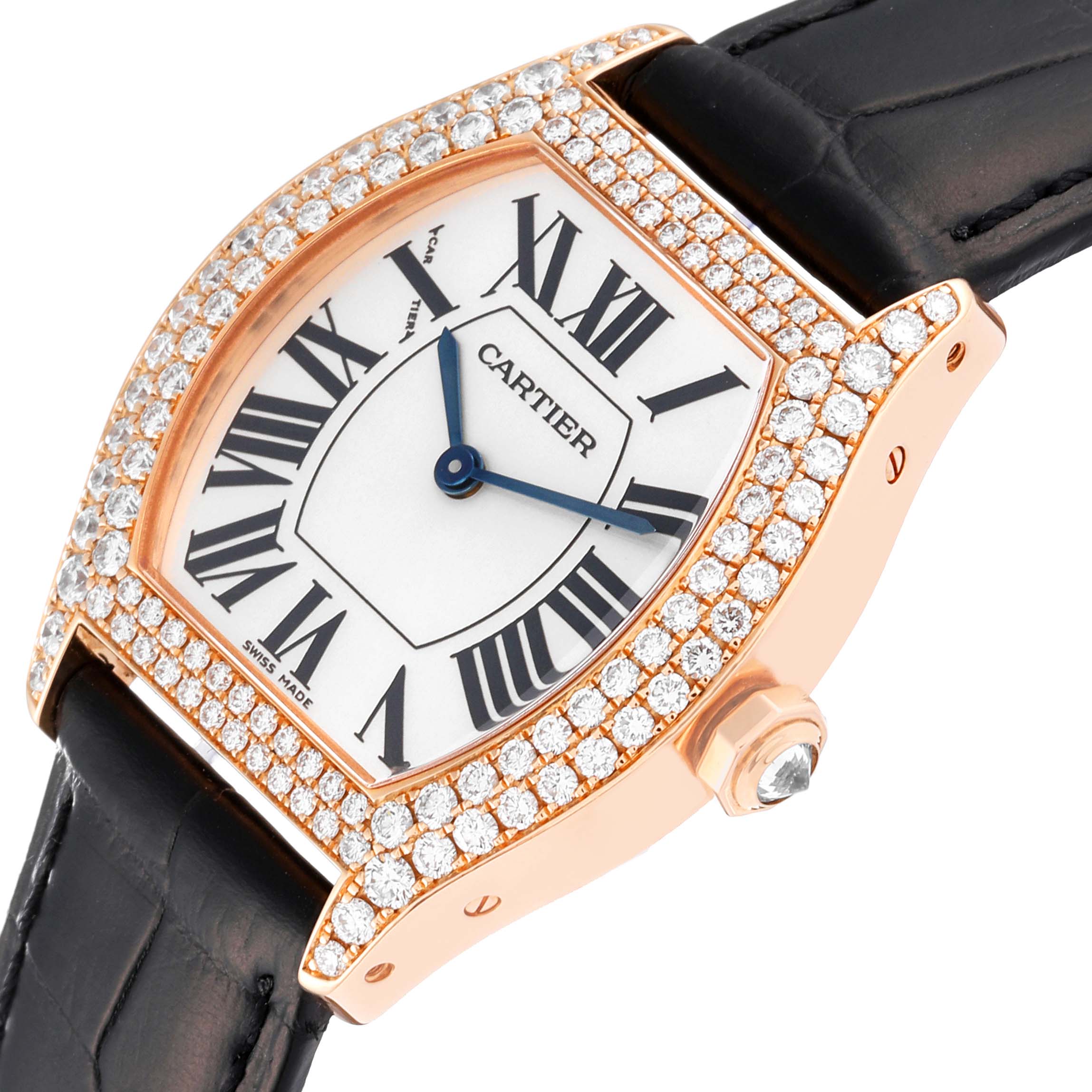 The Cartier Tortue WA505031 Women's Rose Gold Silver Dial WA505031 Women's Rose Gold Silver Dial watch is shown at a slight angle, featuring its diamond-studded bezel, white dial, and black leather strap.