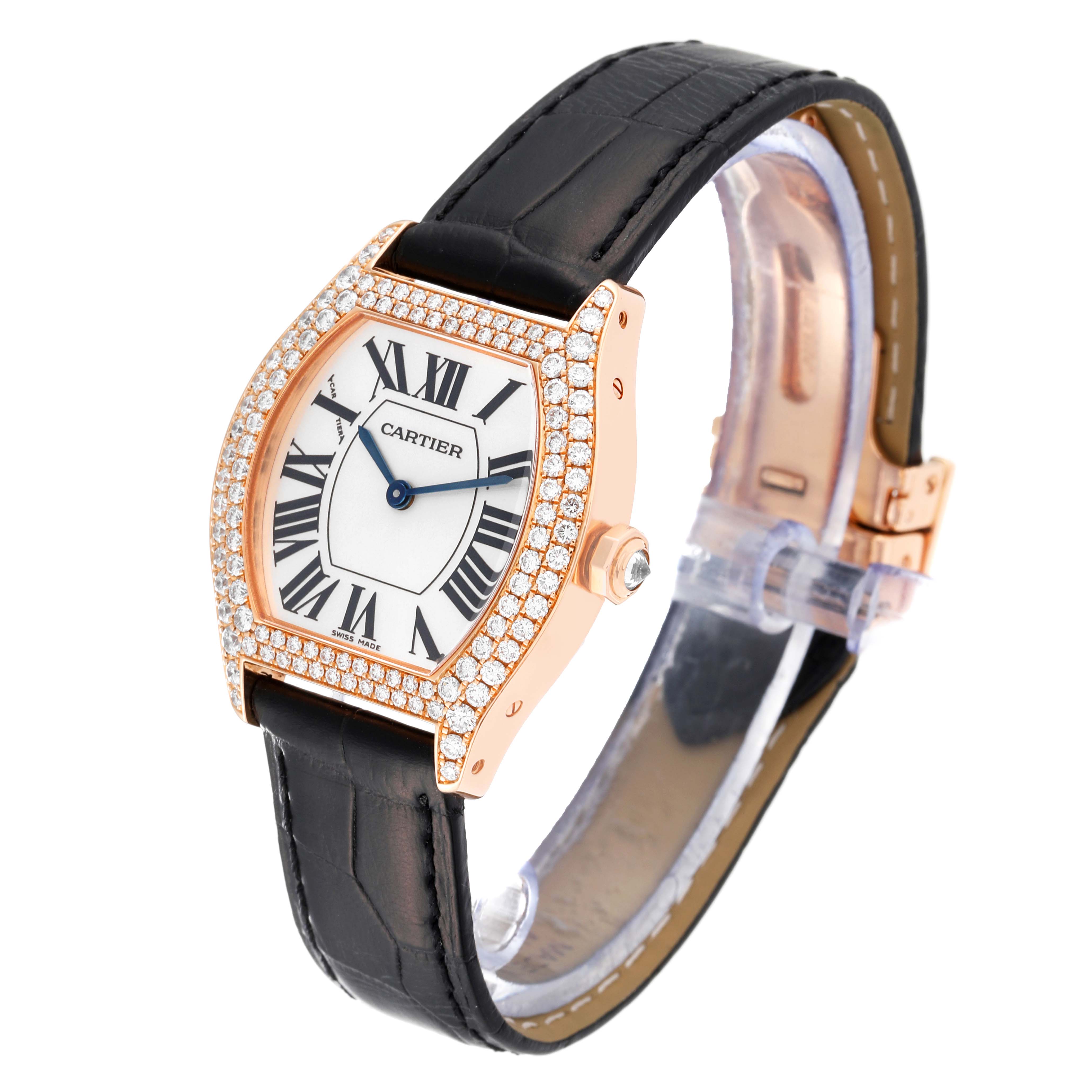 The image shows a Cartier Tortue WA505031 Women's Rose Gold Silver Dial WA505031 Women's Rose Gold Silver Dial watch angled to display its diamond-studded bezel, leather strap, and Roman numeral dial.