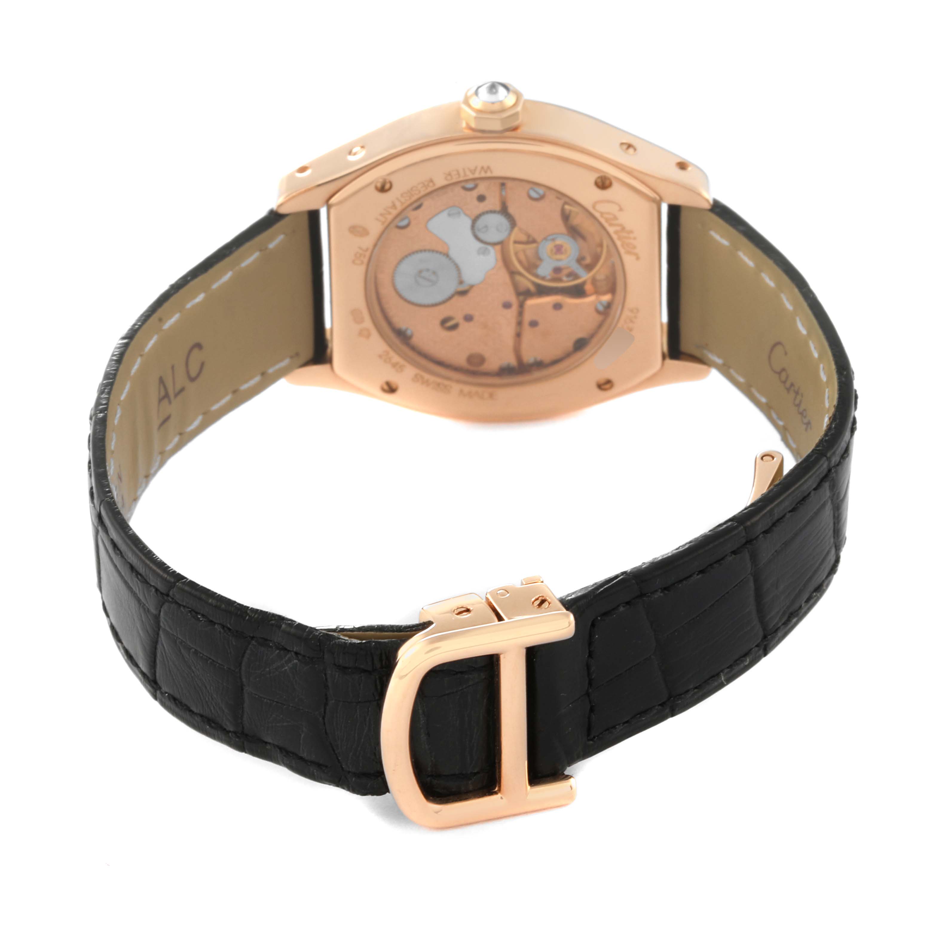 The image shows the back view of a Cartier Tortue WA505031 Women's Rose Gold Silver Dial WA505031 Women's Rose Gold Silver Dial watch, detailing its mechanical movement and black leather strap.