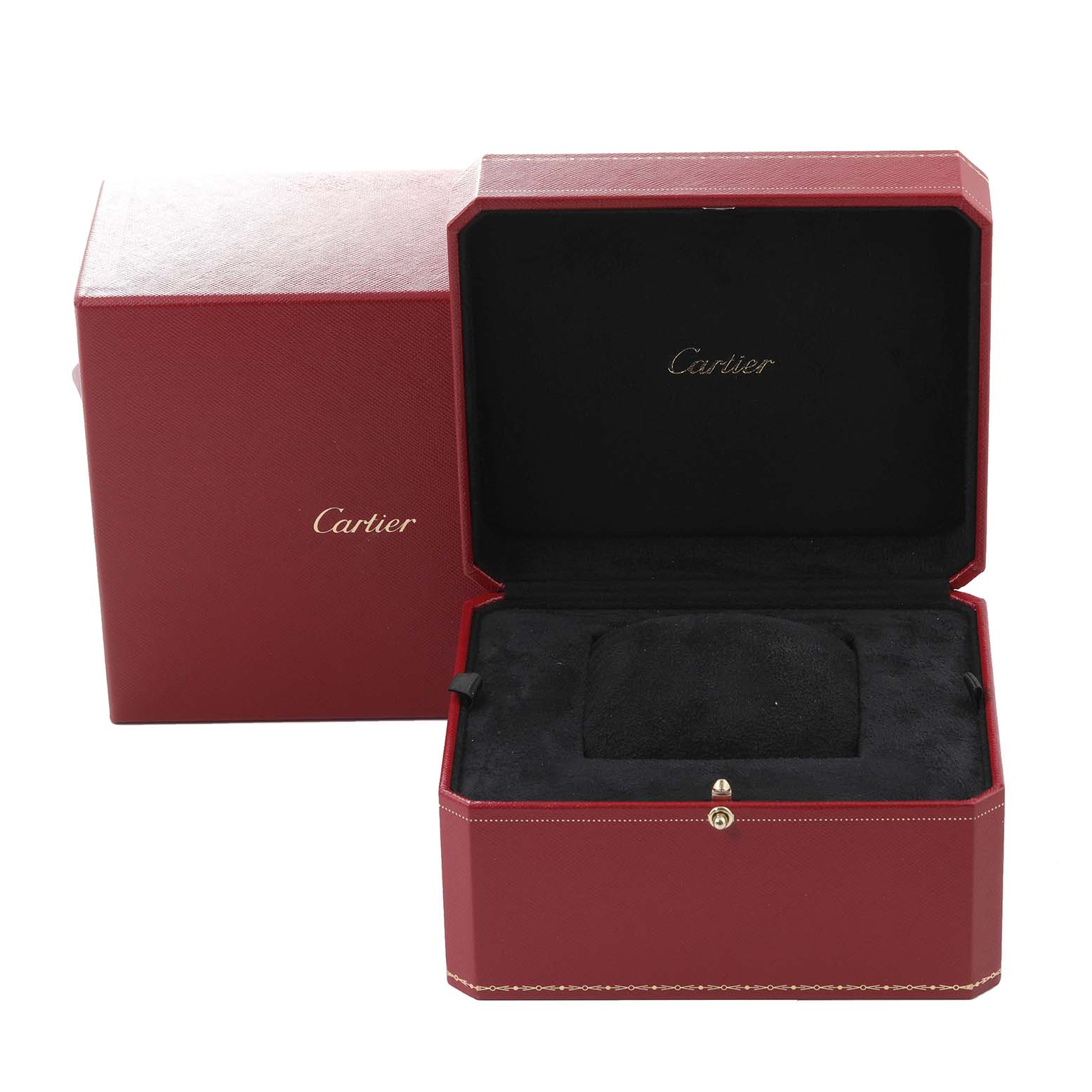 This image shows an open red Cartier Tortue WA505031 Women's Rose Gold Silver Dial WA505031 Women's Rose Gold Silver Dial watch box with a black interior, alongside its matching outer box.