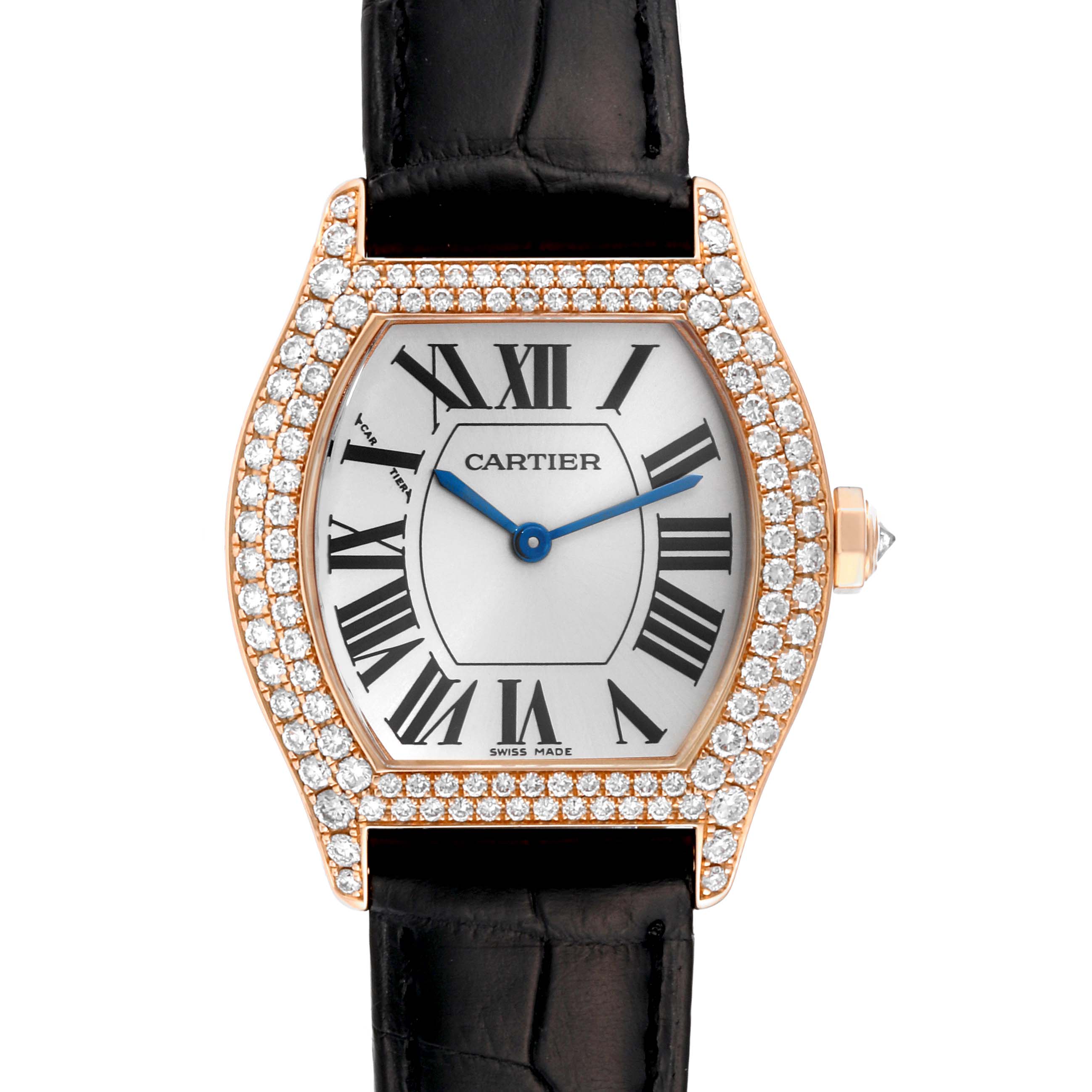 The Cartier Tortue WA505031 Women's Rose Gold Silver Dial WA505031 Women's Rose Gold Silver Dial watch is shown from the front, highlighting its diamond-studded bezel, Roman numeral dial, and black leather strap.