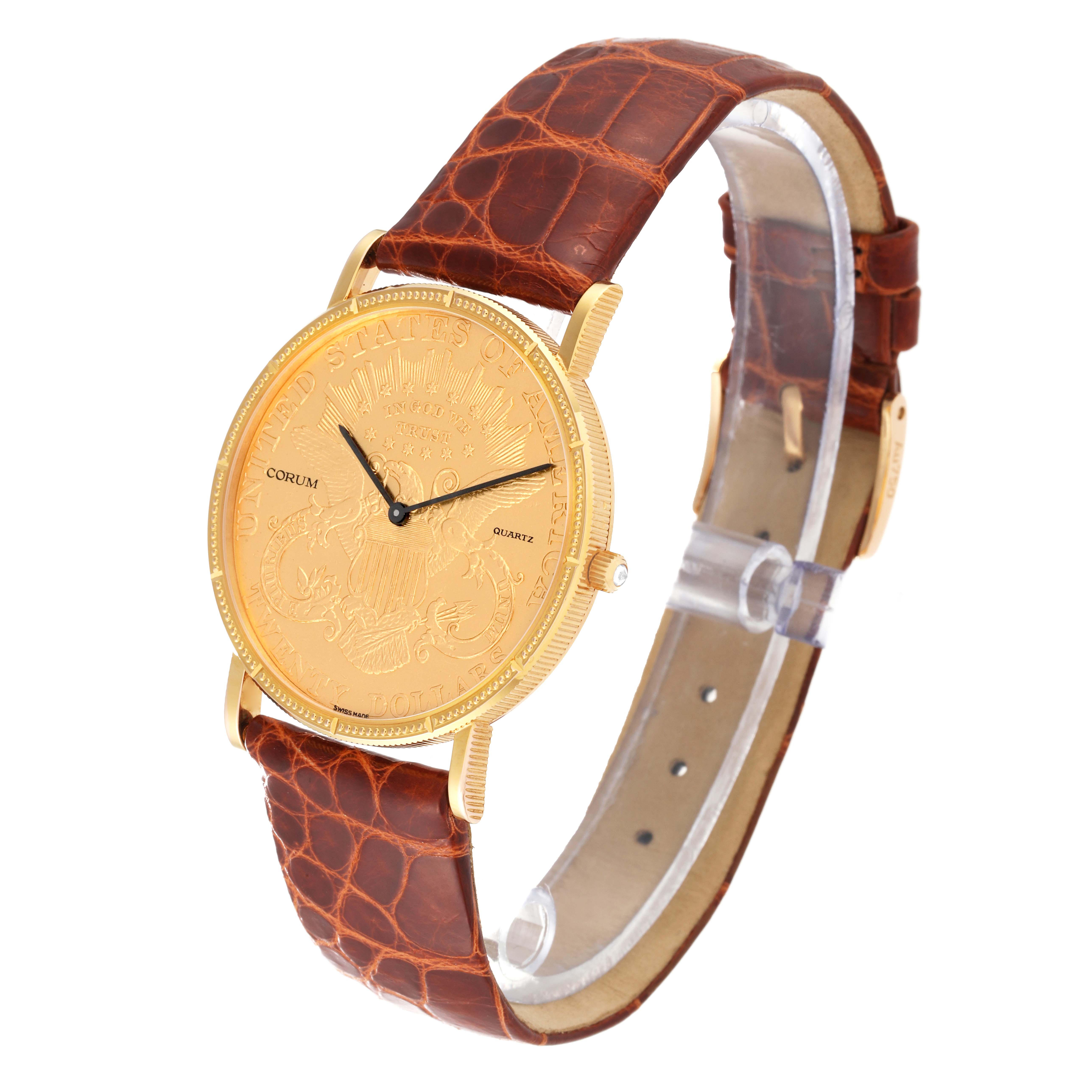 The Corum Coin Watch 4708590 Men's Yellow Gold Champagne Dial 4708590 Men's Yellow Gold Champagne Dial model is shown at a slight angle displaying the dial, bezel, lugs, case, crown, and leather strap.