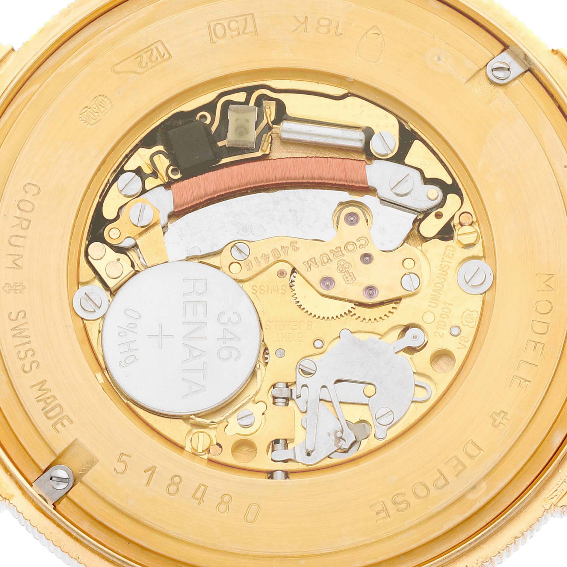 This image shows the back case and internal mechanism of the Corum Coin Watch 4708590 Men's Yellow Gold Champagne Dial 4708590 Men's Yellow Gold Champagne Dial model at a close-up angle.