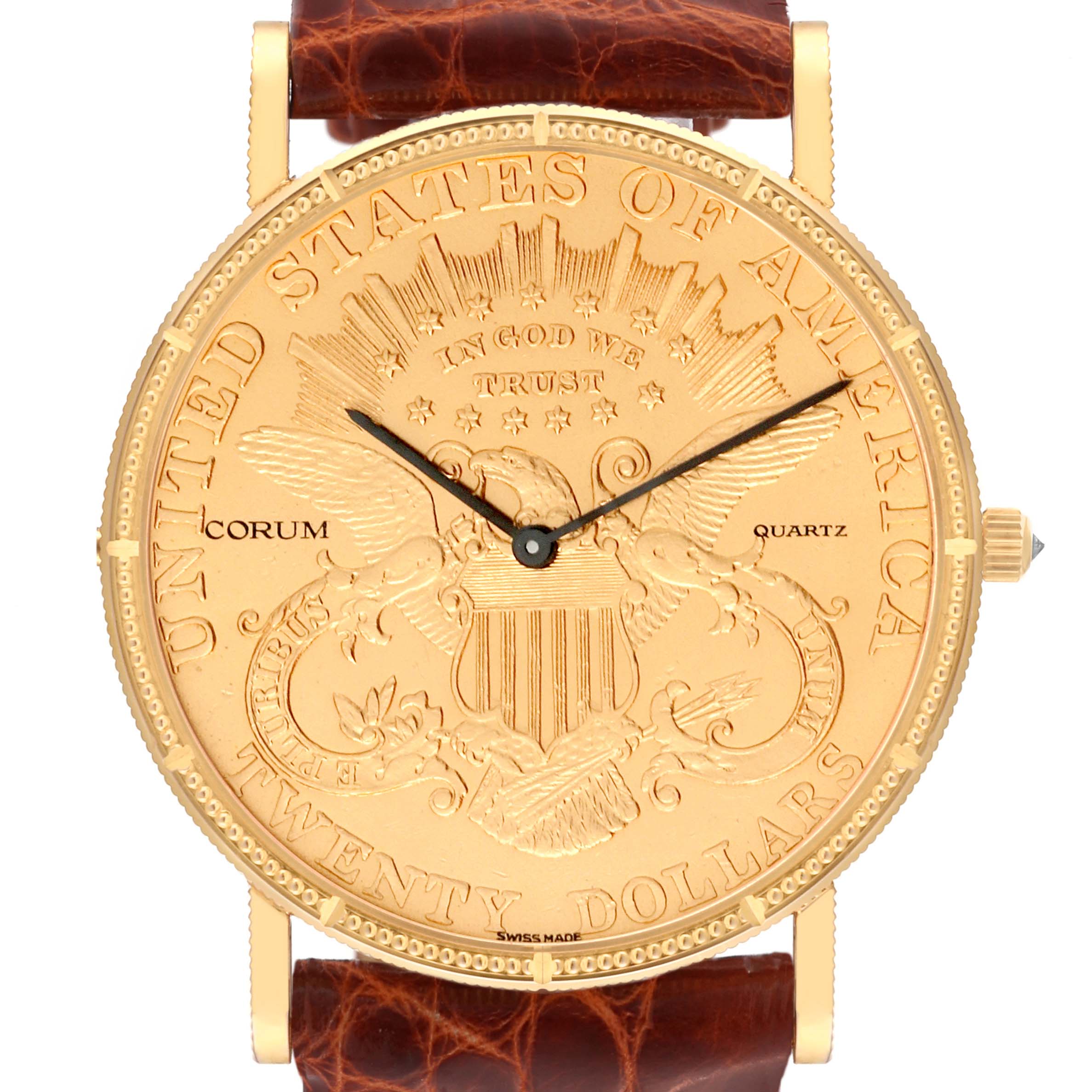 The image shows a frontal view of the Corum Coin Watch 4708590 Men's Yellow Gold Champagne Dial 4708590 Men's Yellow Gold Champagne Dial model, featuring its detailed dial and leather strap.