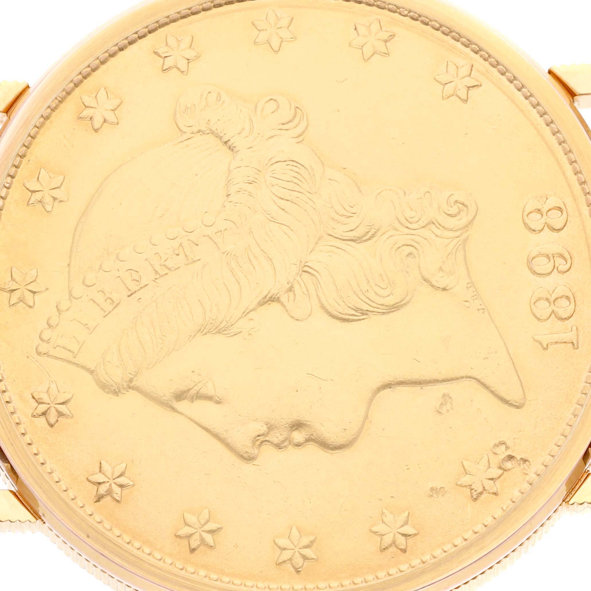 The image shows a close-up of the front face of the Corum Coin Watch 4708590 Men's Yellow Gold Champagne Dial 4708590 Men's Yellow Gold Champagne Dial model, featuring a gold coin design.