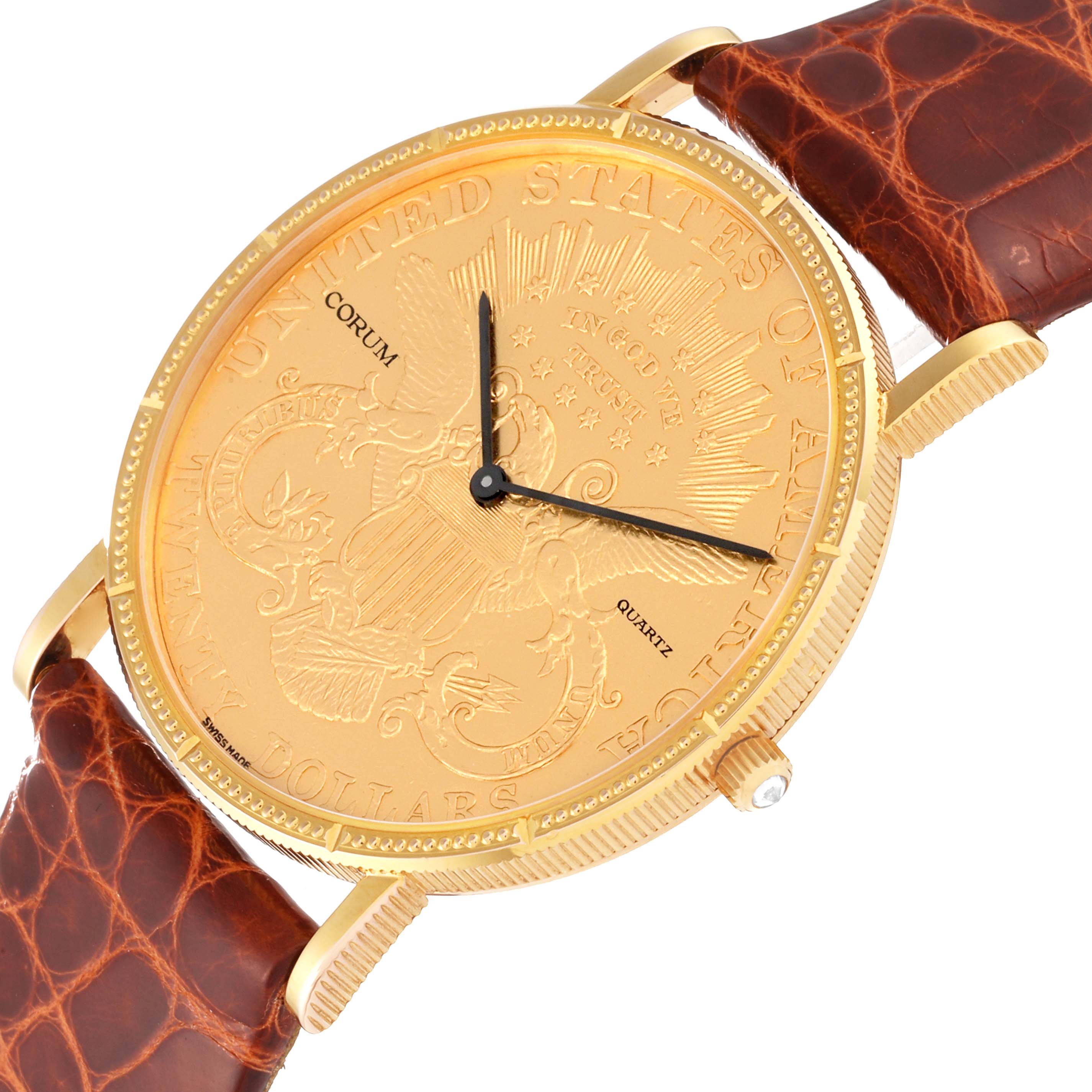 The image shows the face and part of the strap of a Corum Coin Watch 4708590 Men's Yellow Gold Champagne Dial 4708590 Men's Yellow Gold Champagne Dial model at a slight angle.