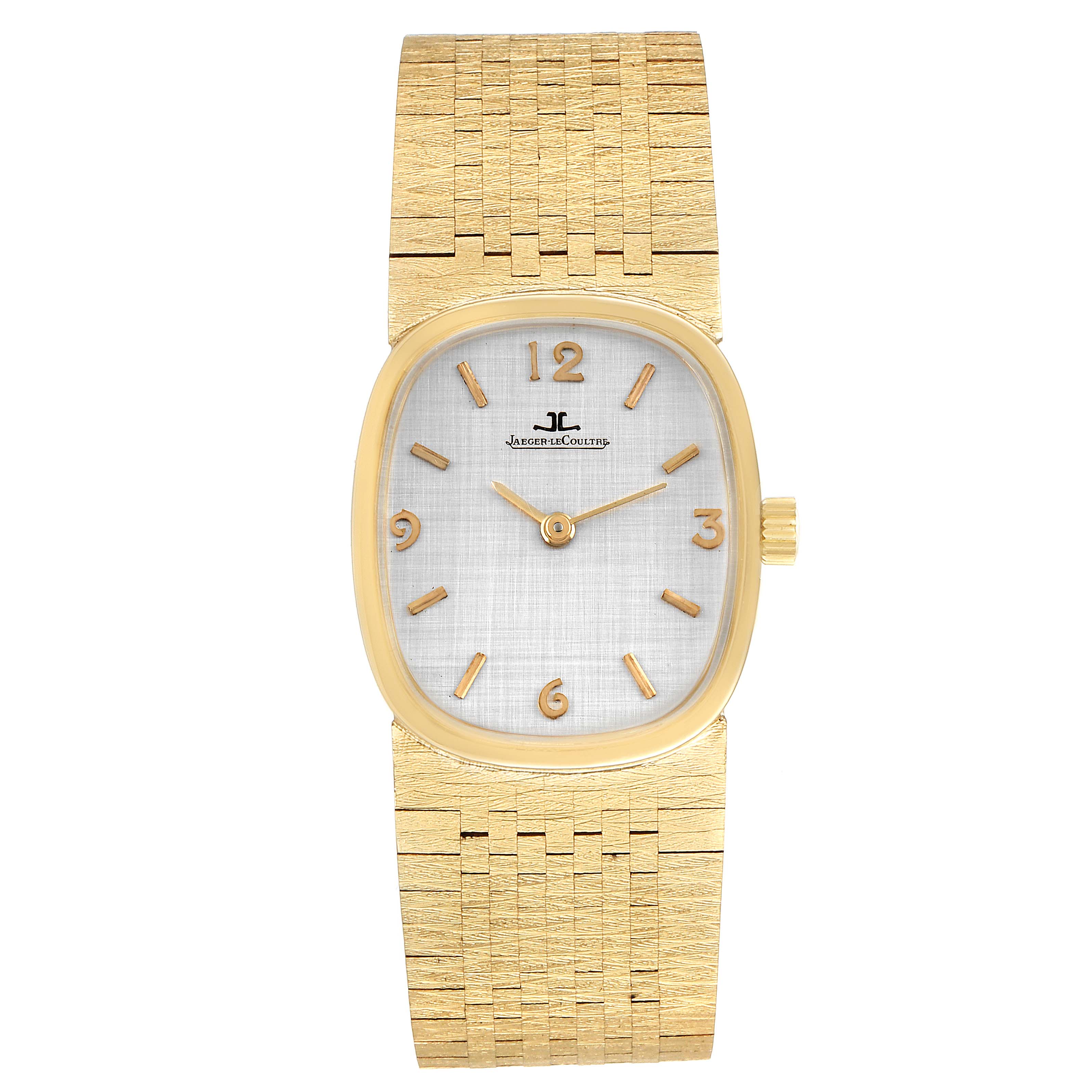 This image shows a frontal view of the Jaeger LeCoultre Women
s Yellow Gold Silver Dial Women
s Yellow Gold Silver Dial 14k Yellow Gold Manual Vintage Ladies Watch, displaying its dial, hands, bracelet, and crown.