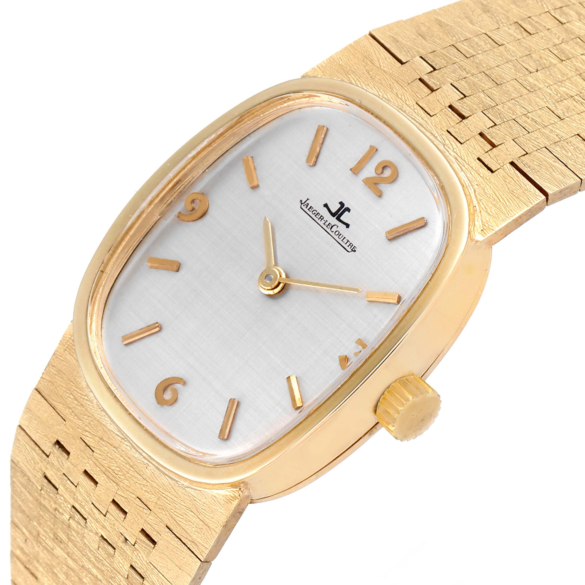The image shows a close-up of the dial, hands, crown, and part of the band of the Jaeger LeCoultre Women
s Yellow Gold Silver Dial Women
s Yellow Gold Silver Dial 14k Yellow Gold Manual Vintage Ladies Watch Box Papers model.