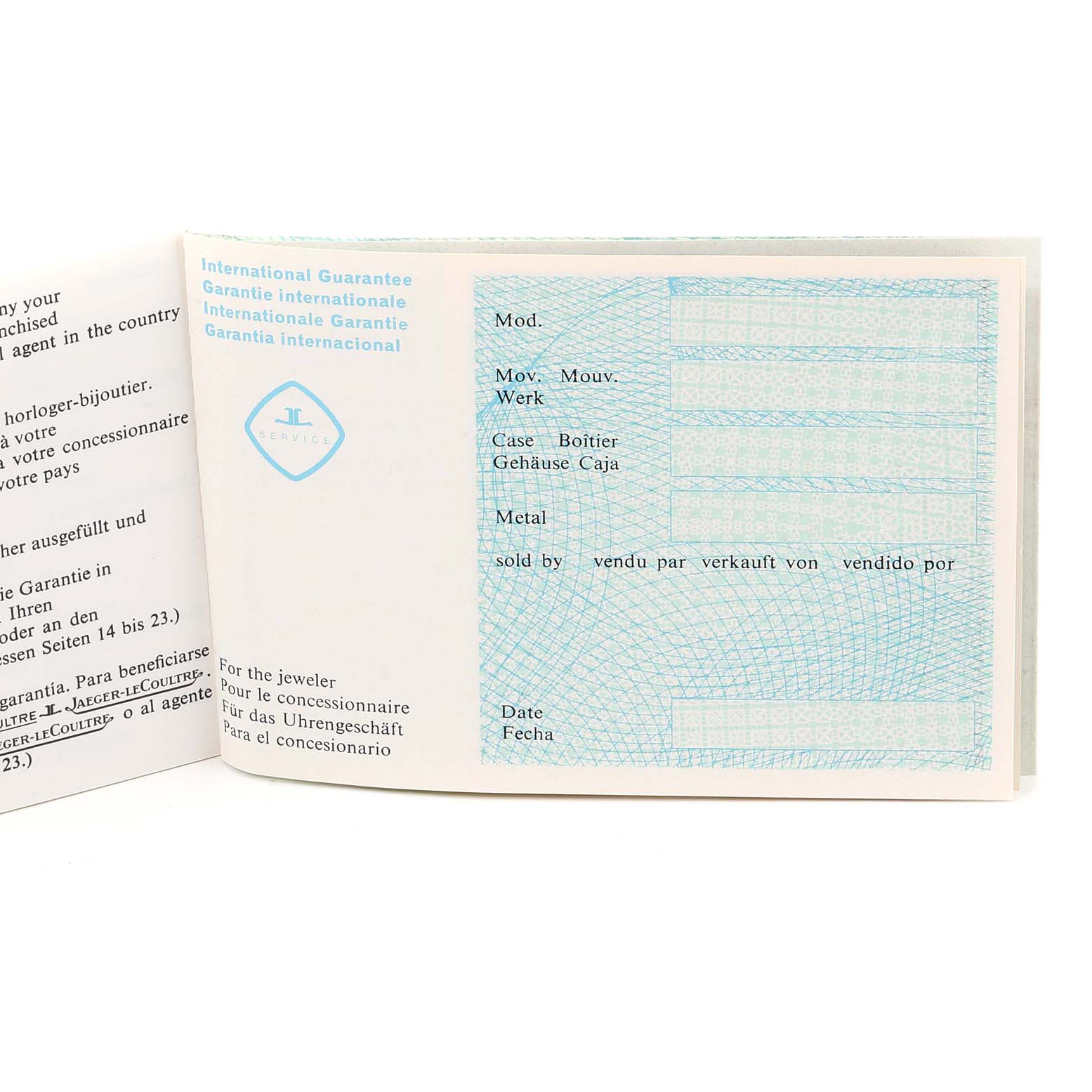 Image shows a registration and guarantee card for the Jaeger LeCoultre Women
s Yellow Gold Silver Dial Women
s Yellow Gold Silver Dial 14k Yellow Gold Manual Vintage Ladies Watch, viewed from an open page angle.