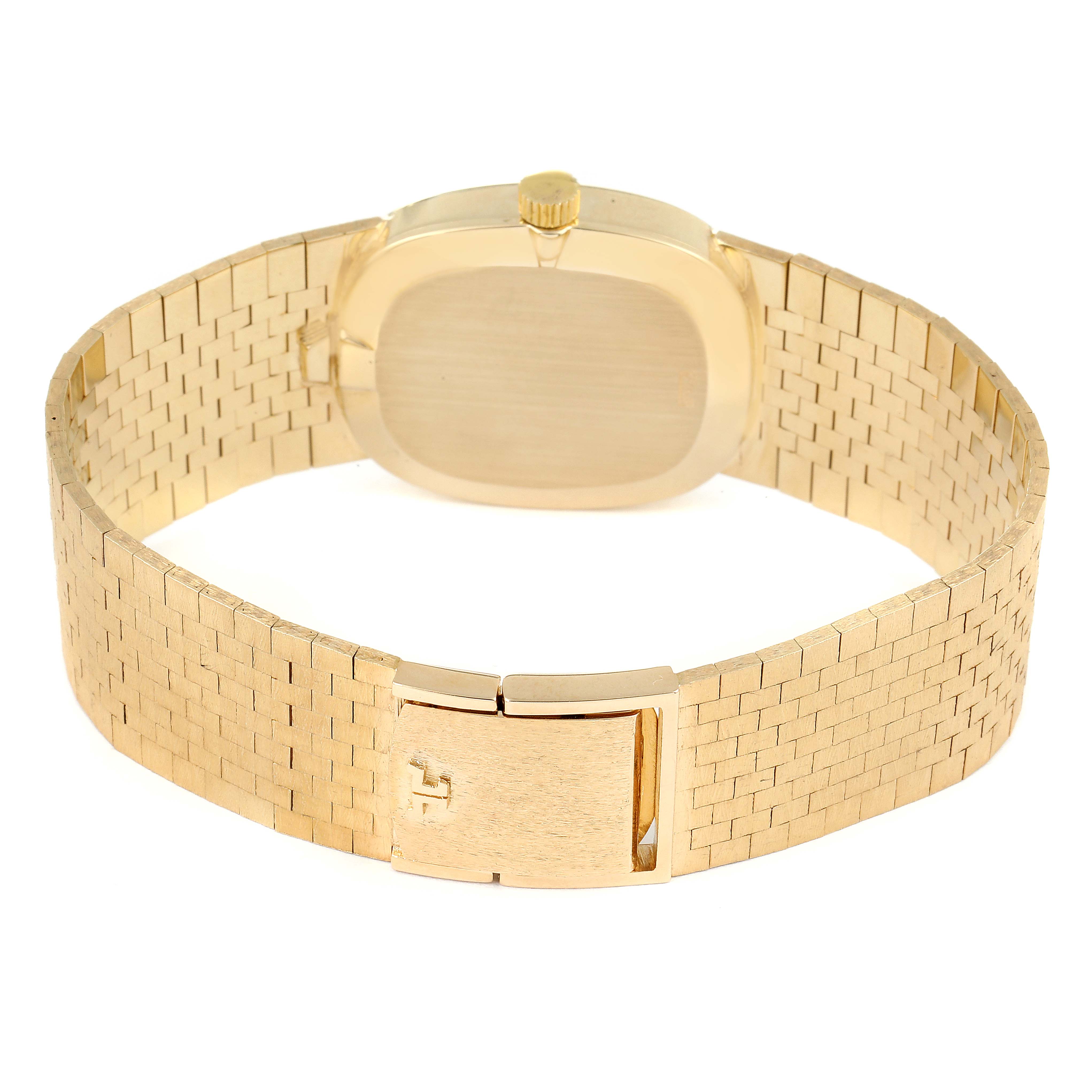 The image shows the back and clasp of the Jaeger LeCoultre Women
s Yellow Gold Silver Dial Women
s Yellow Gold Silver Dial 14k Yellow Gold Manual Vintage Ladies Watch Box Papers model.