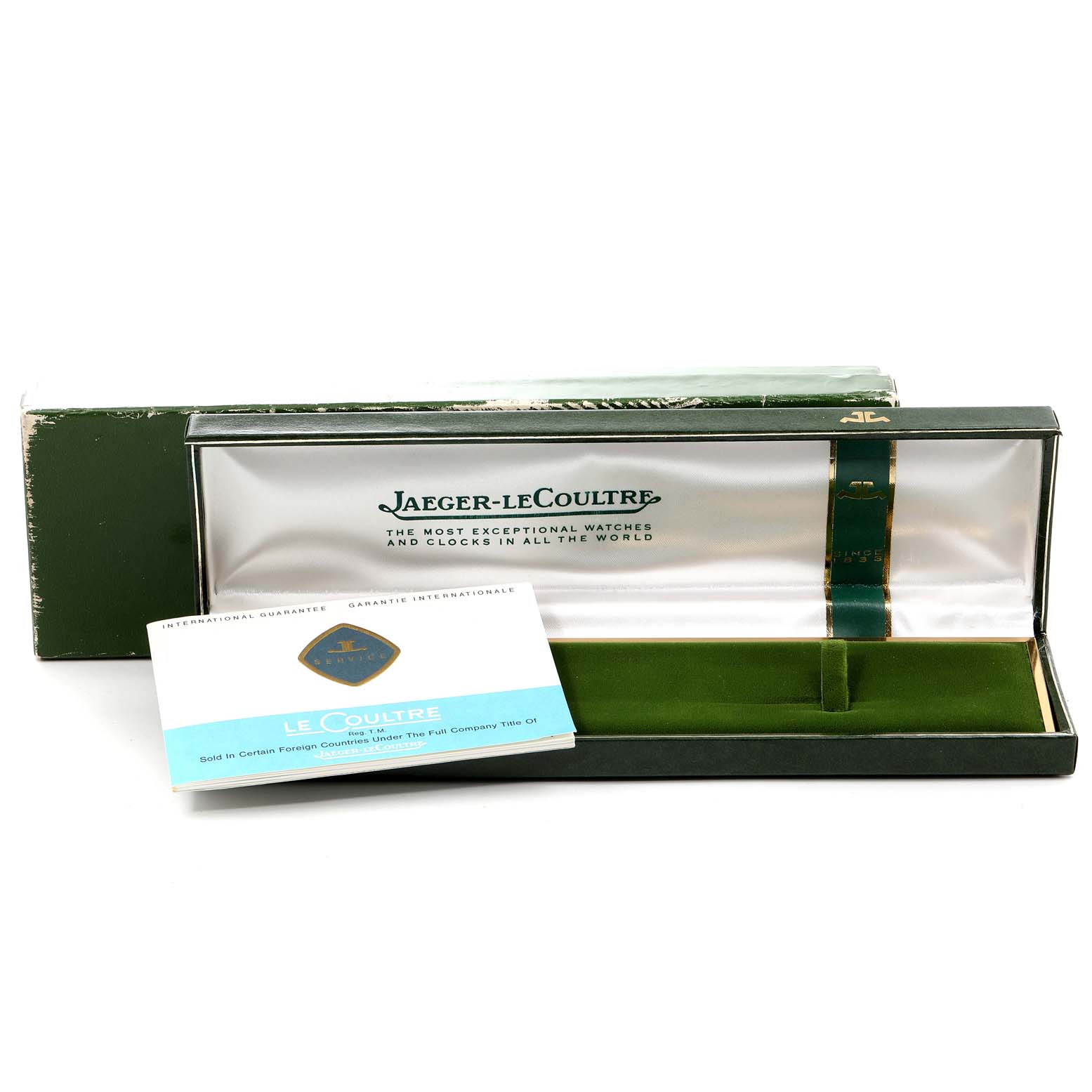 The image shows an open box and papers for the Jaeger LeCoultre Women
s Yellow Gold Silver Dial Women
s Yellow Gold Silver Dial 14k Yellow Gold Manual Vintage Ladies Watch model.