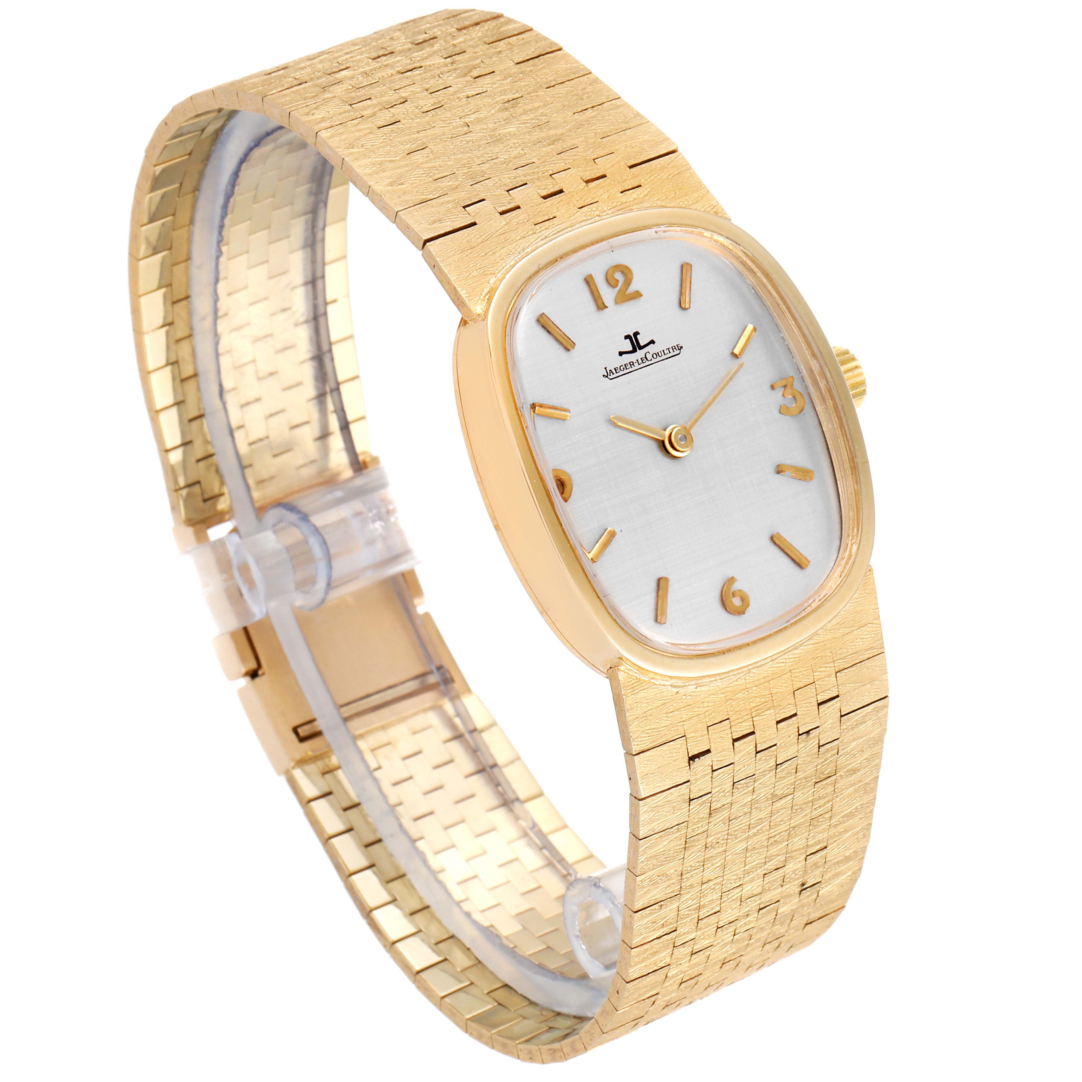 The image shows a front angle of the 14k Yellow Gold Manual Vintage Ladies Watch model by Jaeger LeCoultre Women
s Yellow Gold Silver Dial Women
s Yellow Gold Silver Dial, highlighting the dial and bracelet.