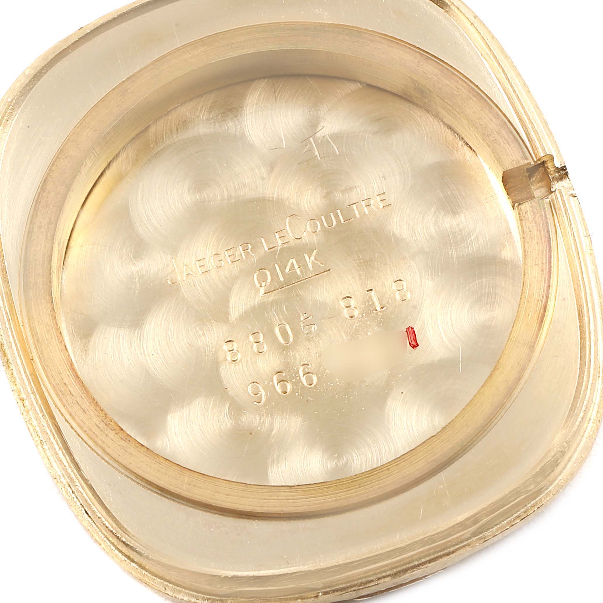 The image shows a close-up of the inside case back of a Jaeger LeCoultre Women
s Yellow Gold Silver Dial Women
s Yellow Gold Silver Dial 14k Yellow Gold Manual Vintage Ladies Watch.