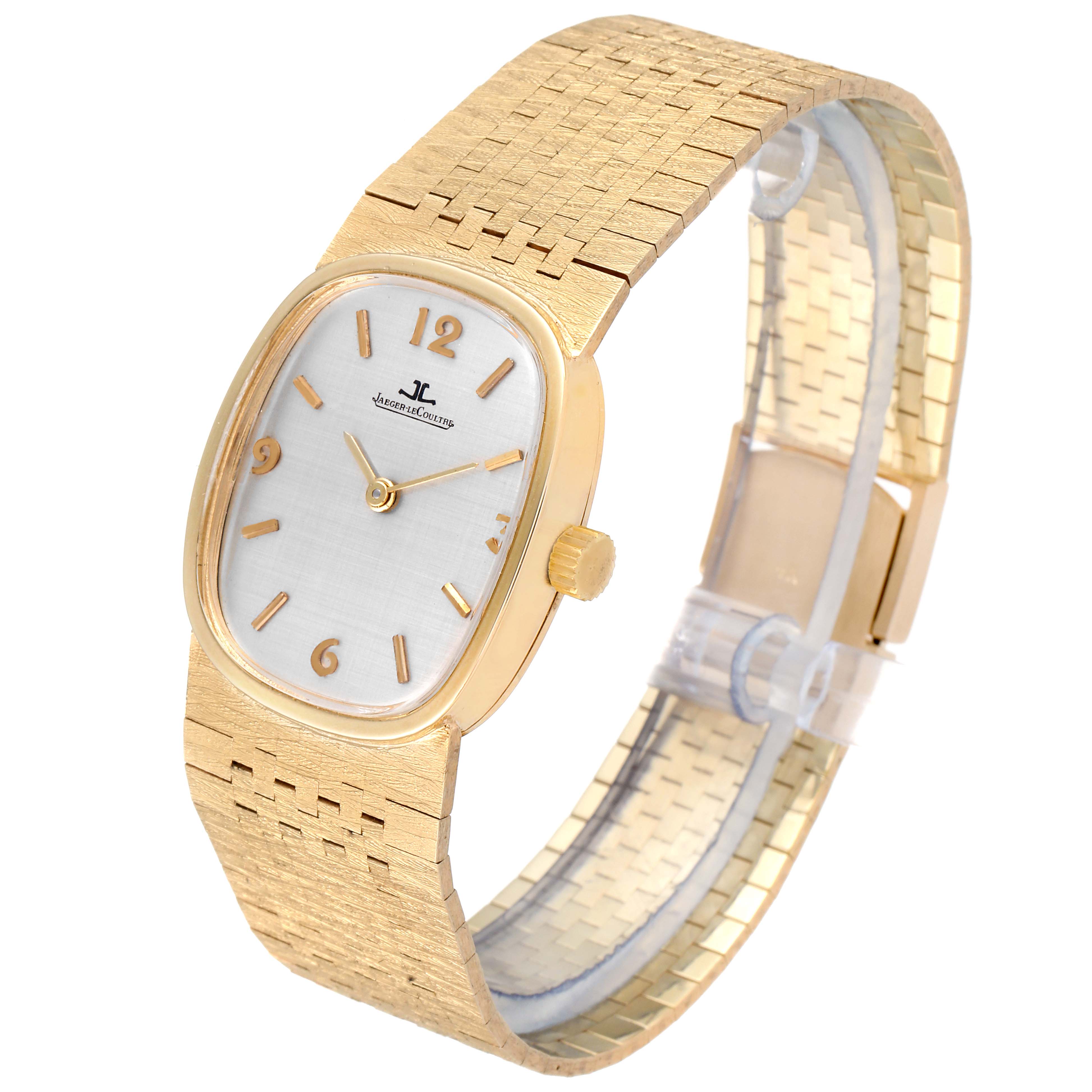 The image shows a side and front view of a Jaeger LeCoultre Women
s Yellow Gold Silver Dial Women
s Yellow Gold Silver Dial 14k Yellow Gold Manual Vintage Ladies Watch, highlighting the dial, case, and band.