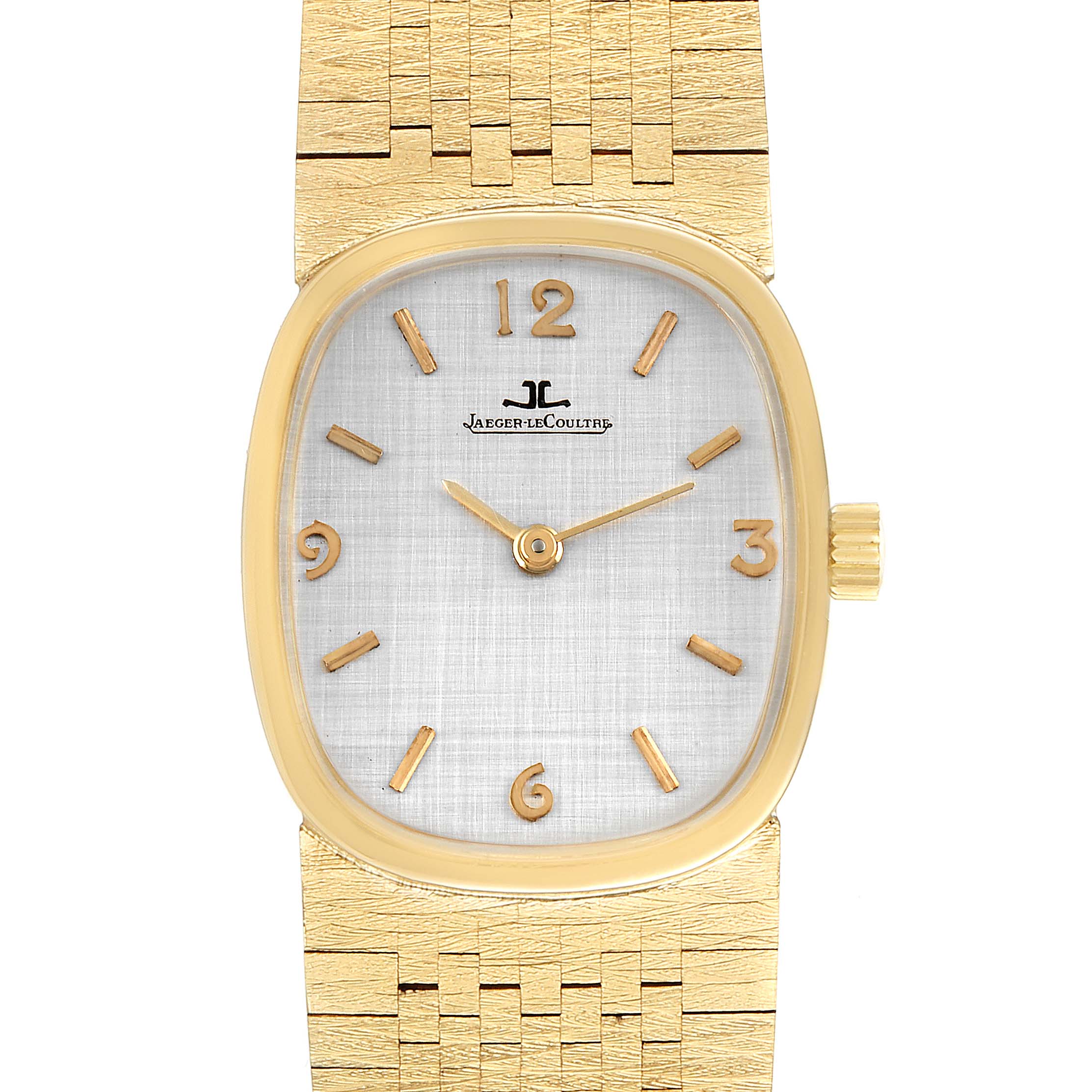 A front view of the Jaeger LeCoultre Women
s Yellow Gold Silver Dial Women
s Yellow Gold Silver Dial 14k Yellow Gold Manual Vintage Ladies Watch Box Papers model showing the dial and part of the band.