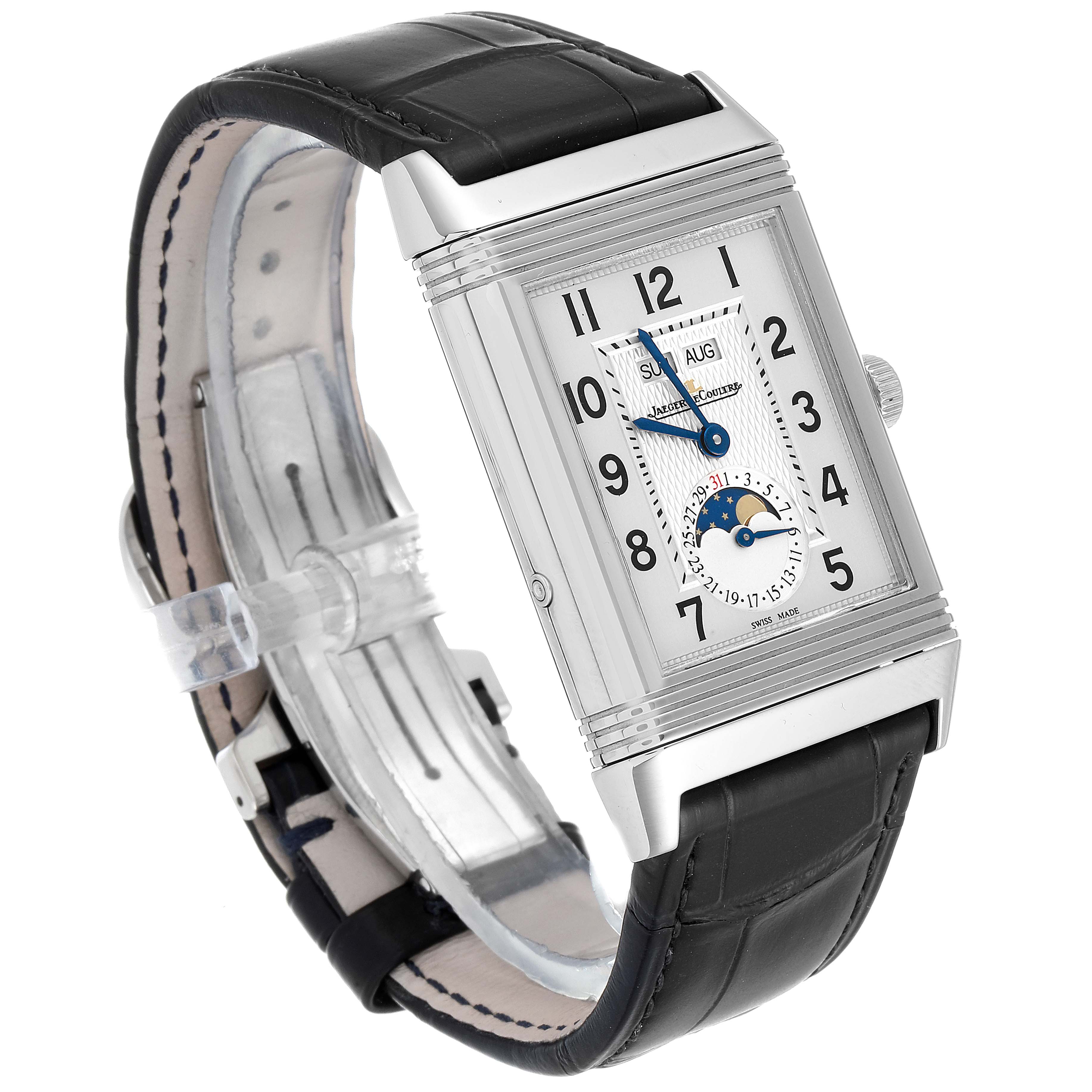 The image shows a side angle of the Jaeger-LeCoultre Reverso watch, featuring the dial and black leather strap.
