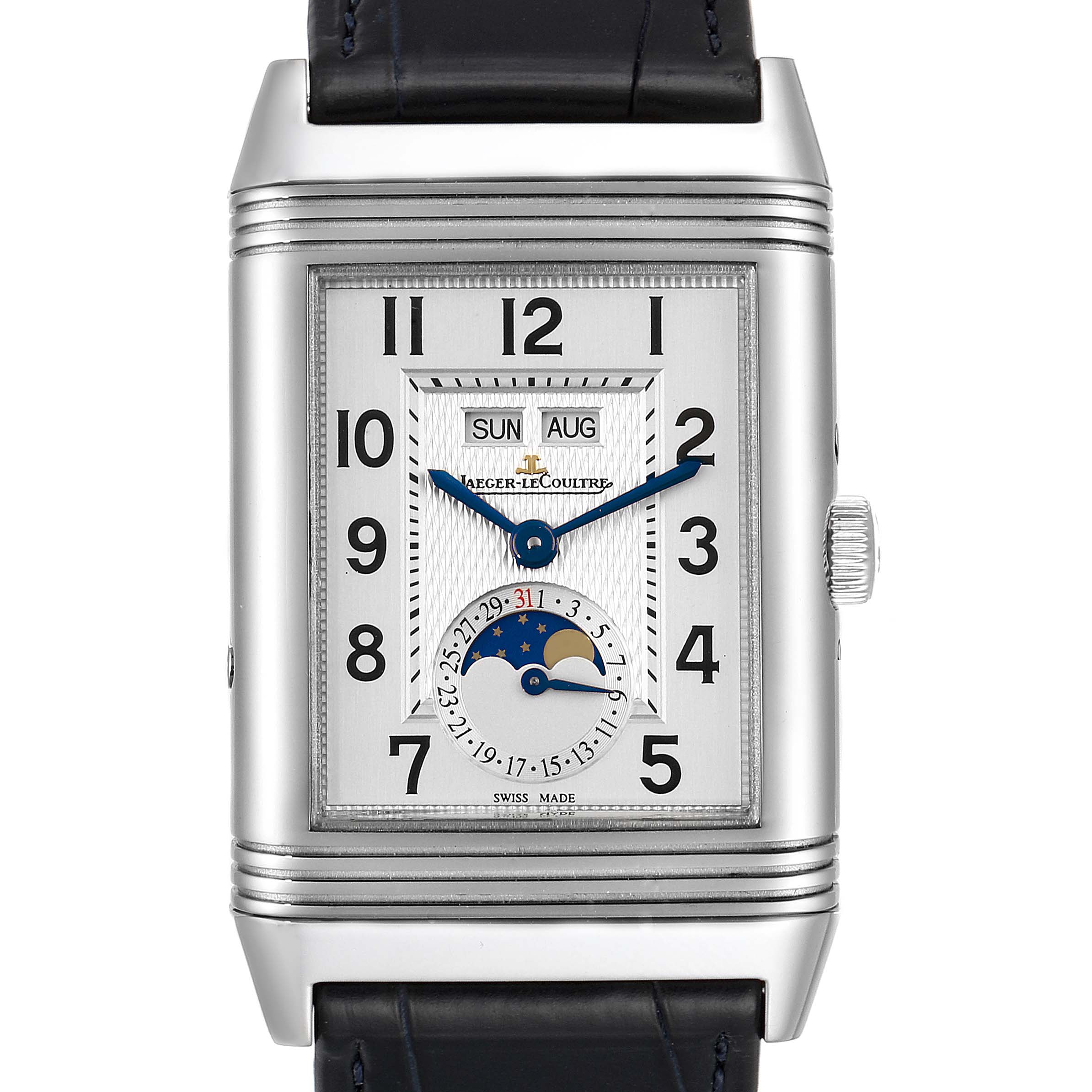 The image shows a front view of the Jaeger LeCoultre Reverso Q3758420 / 273.8.84 Men's Stainless Steel Silver Dial Q3758420 / 273.8.84 Men's Stainless Steel Silver Dial watch, highlighting its rectangular face, day and month dials, and moon phase indicator.