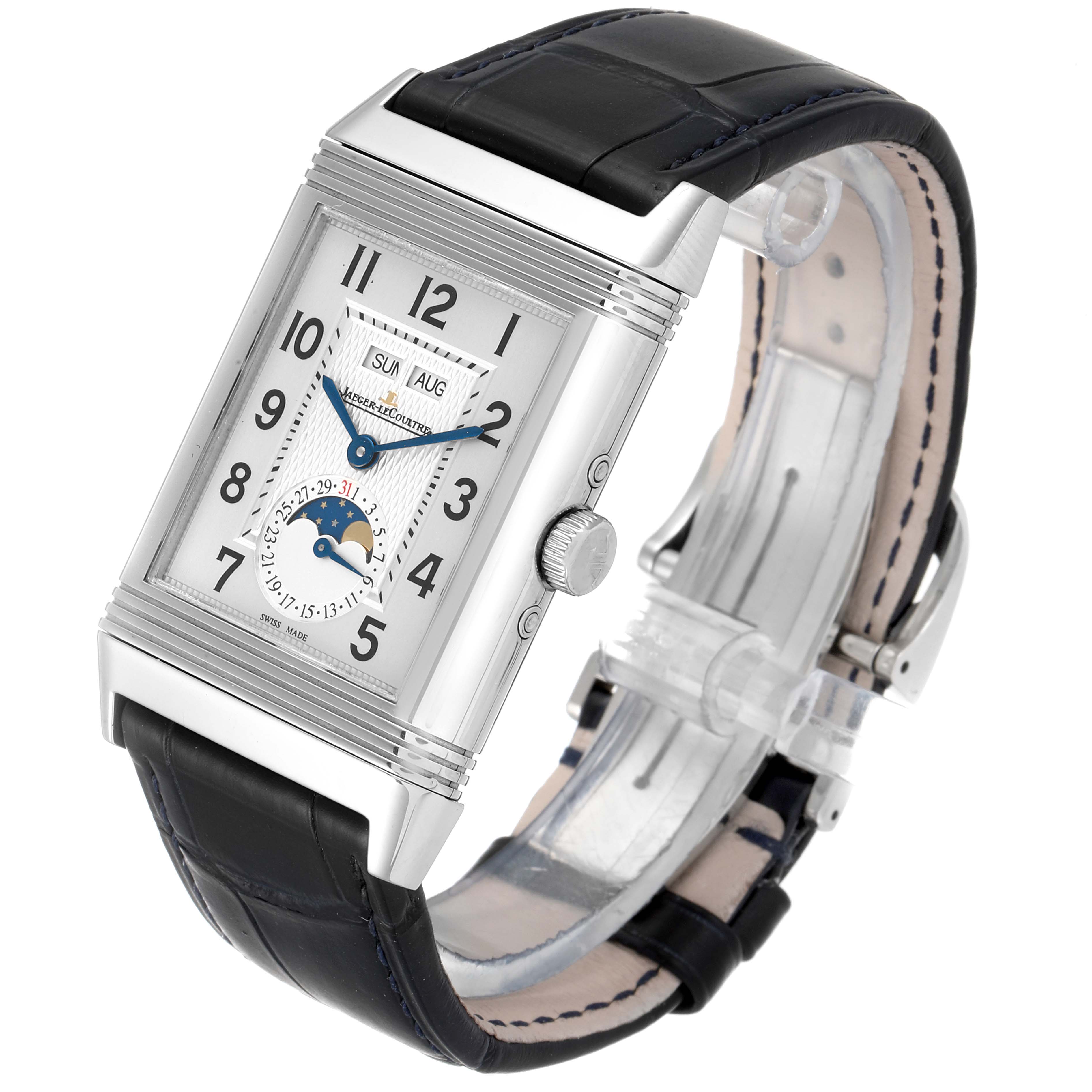 The Jaeger LeCoultre Reverso Q3758420 / 273.8.84 Men's Stainless Steel Silver Dial Q3758420 / 273.8.84 Men's Stainless Steel Silver Dial watch is shown at an angled view, displaying the face, crown, black leather strap, and buckle.