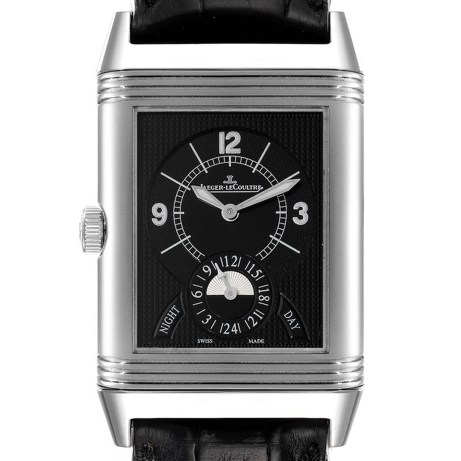 This image shows the front view of a Jaeger LeCoultre Reverso watch, displaying the dial, hands, crown, and part of the strap.