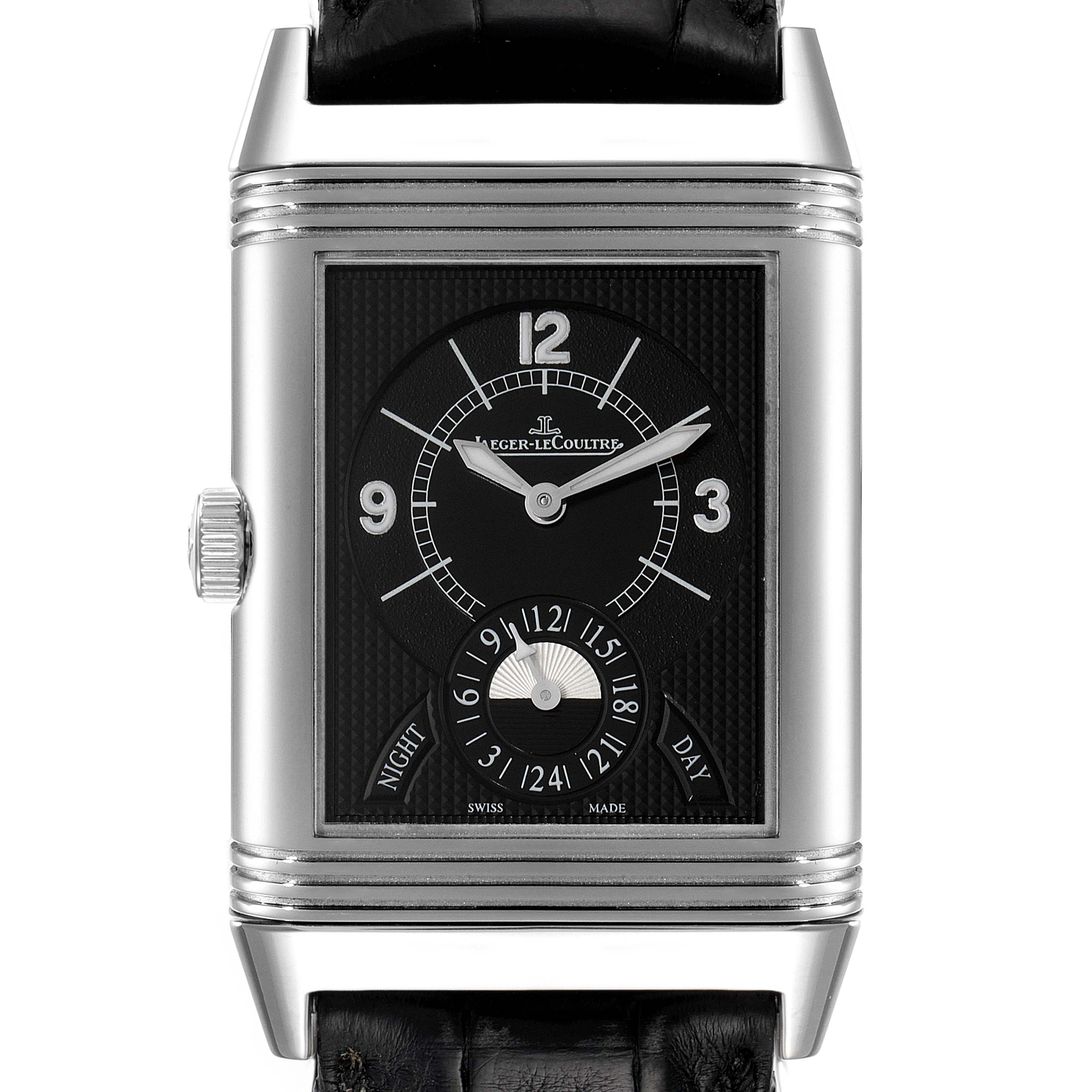 This image shows the front view of a Jaeger LeCoultre Reverso Q3748420 Men
s Stainless Steel Silver Dial Q3748420 Men
s Stainless Steel Silver Dial watch, displaying the dial, hands, crown, and part of the strap.