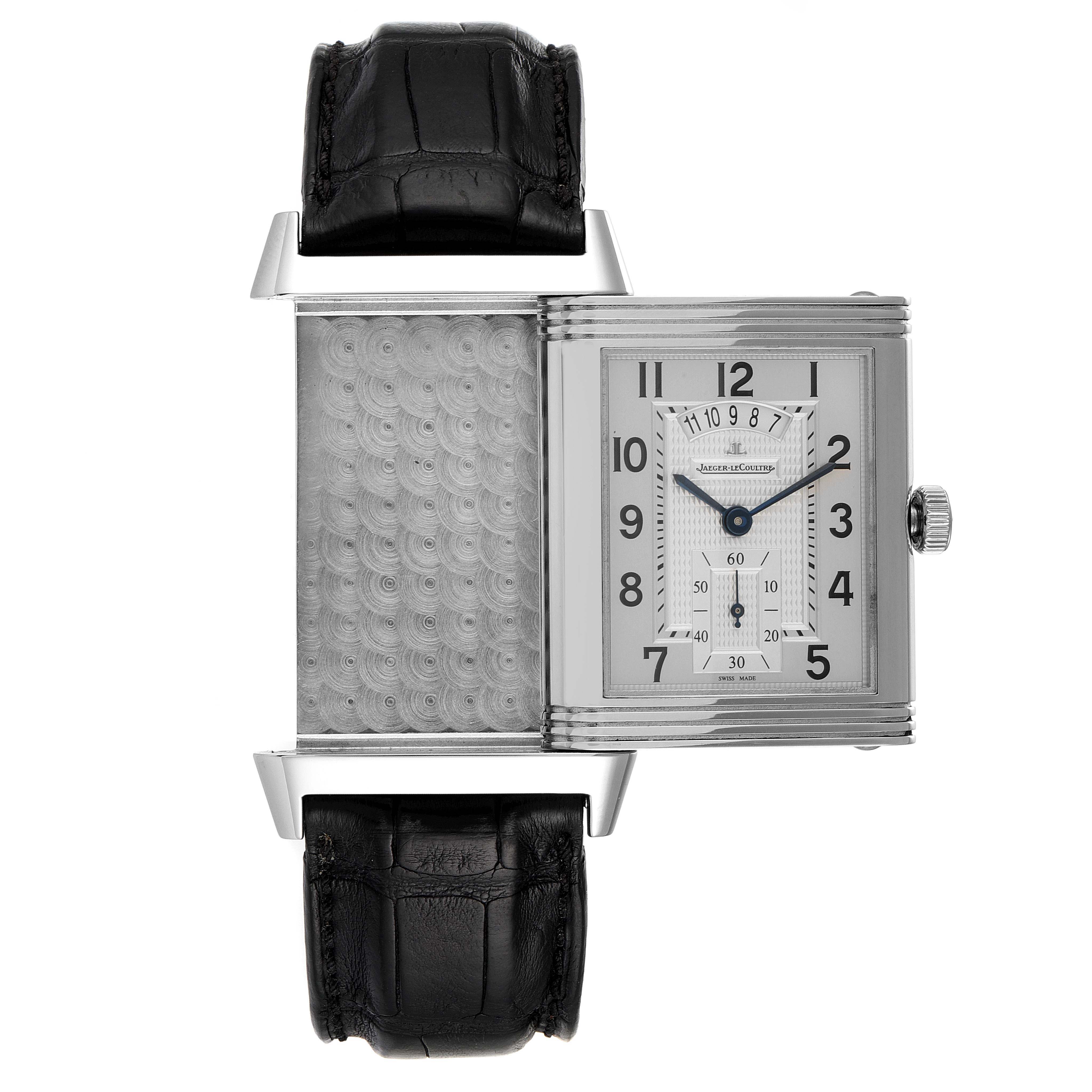 The image shows a Jaeger LeCoultre Reverso Q3748420 Men
s Stainless Steel Silver Dial Q3748420 Men
s Stainless Steel Silver Dial model watch with its case partially flipped to reveal the backside and the front dial.