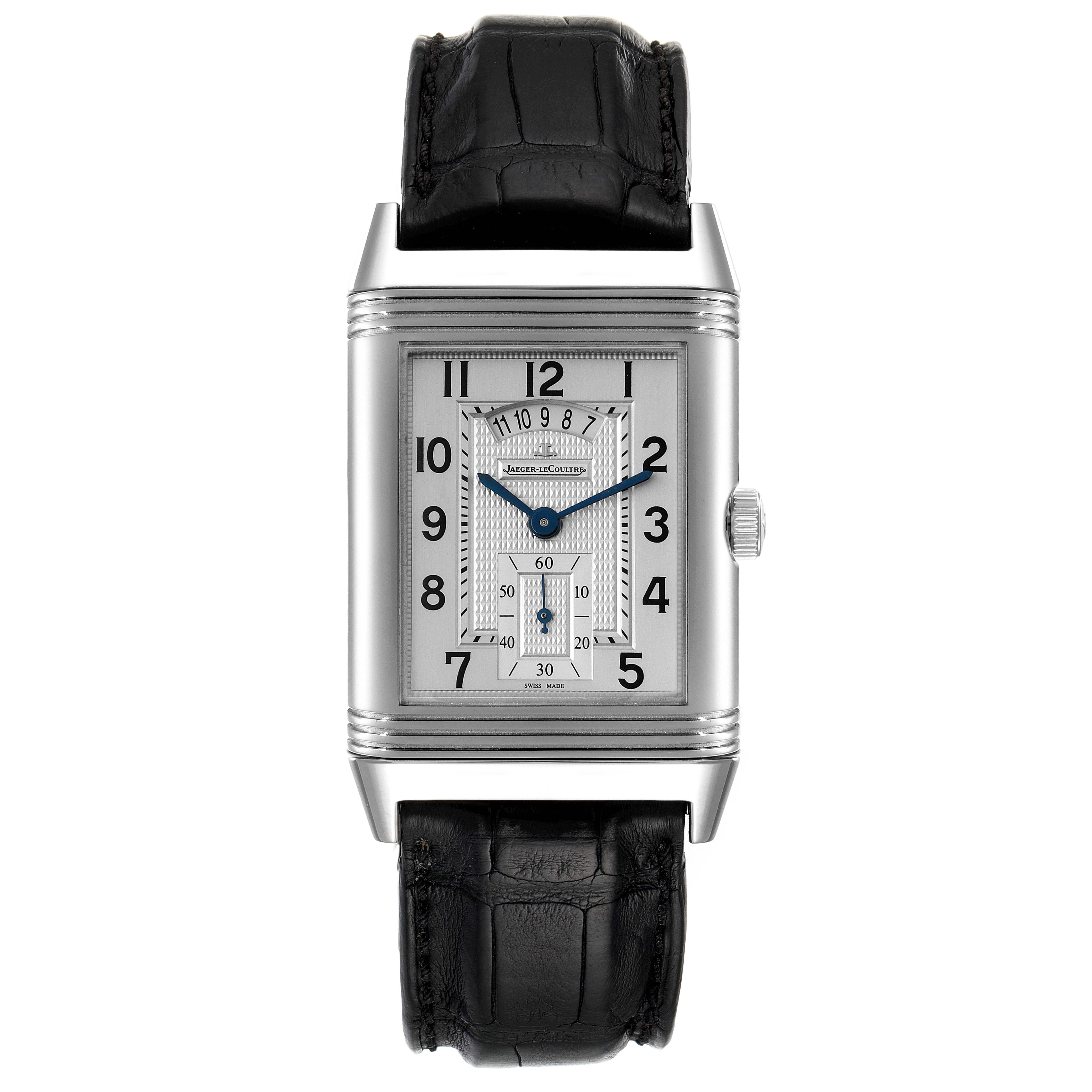 The image shows a front view of the Jaeger-LeCoultre Reverso watch, including its rectangular case, dial, and black leather strap.