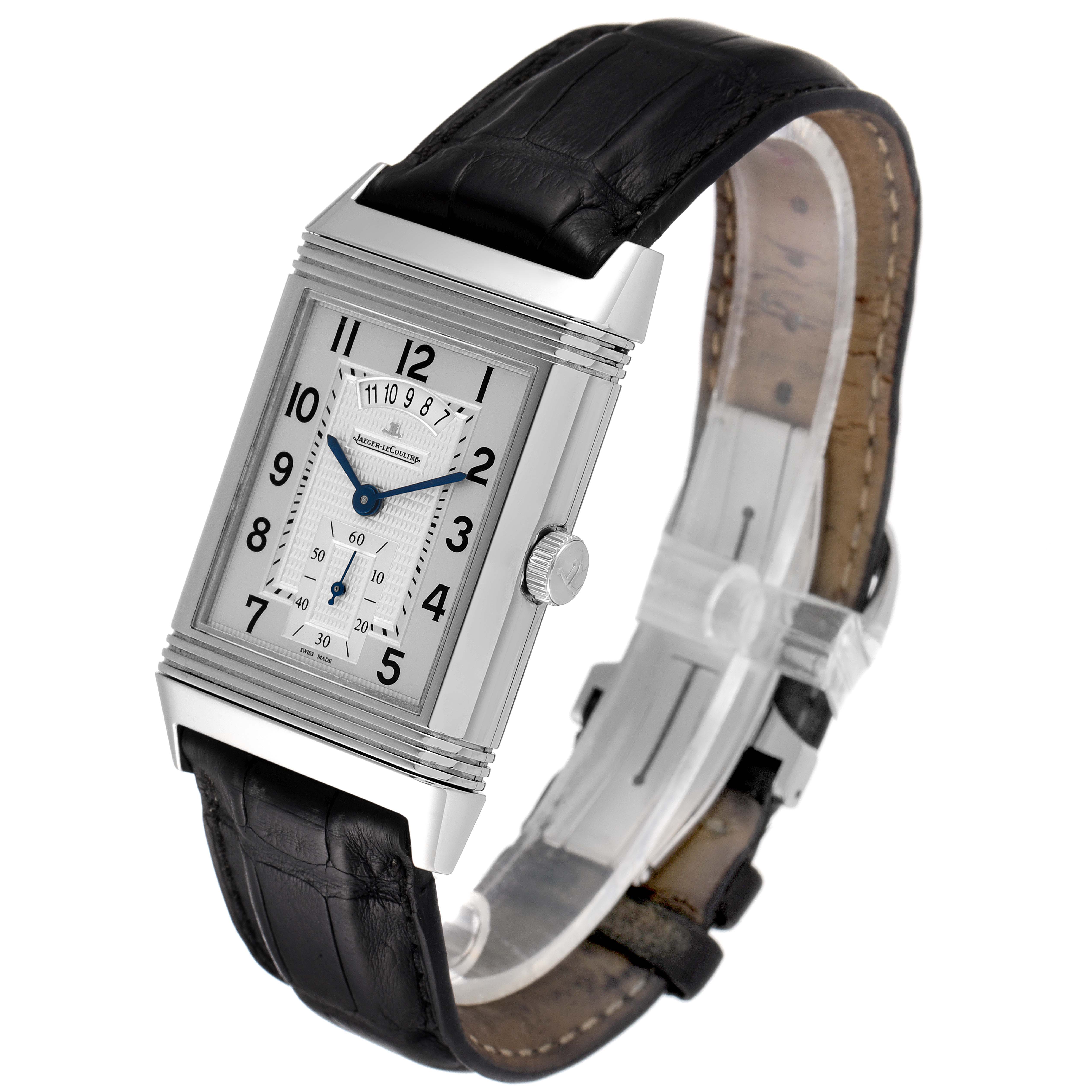 This image shows a Jaeger LeCoultre Reverso Q3748420 Men
s Stainless Steel Silver Dial Q3748420 Men
s Stainless Steel Silver Dial watch at a slight angle, highlighting its rectangular dial and black leather strap.