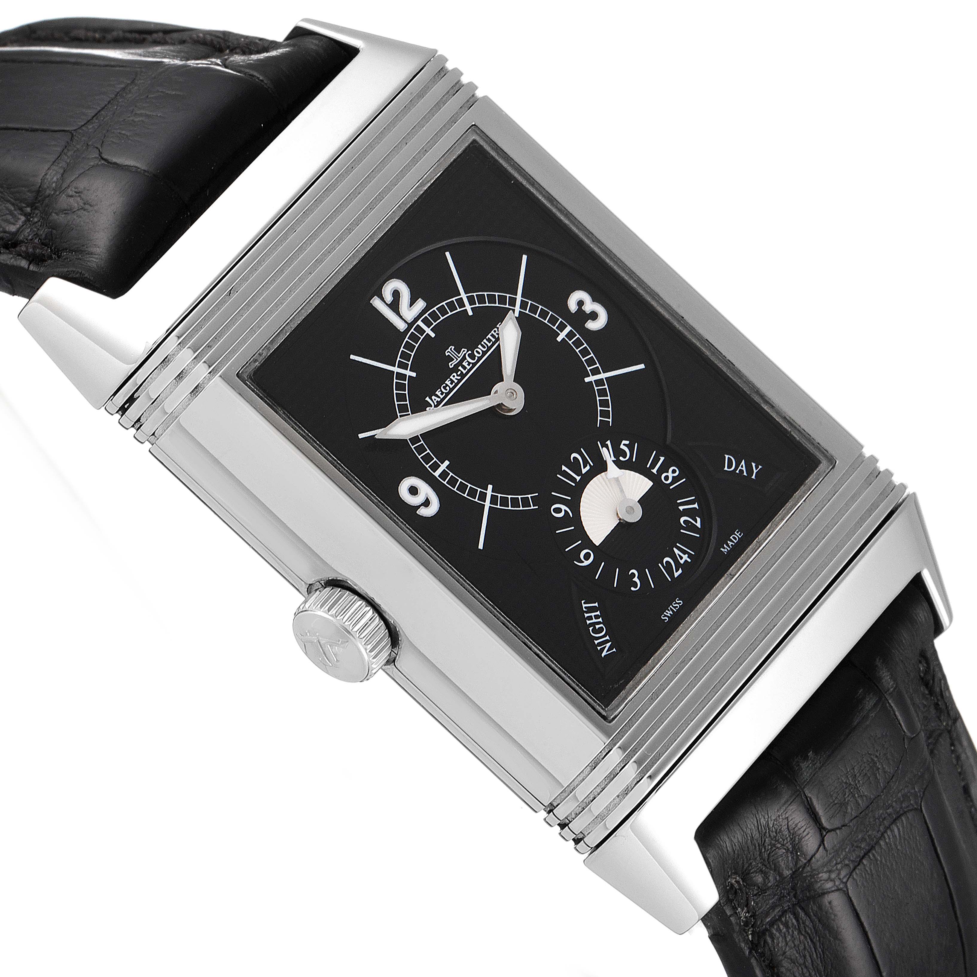 The image shows a close-up view of a Jaeger-LeCoultre Reverso watch, focusing on the dial, crown, and strap, from an oblique angle.