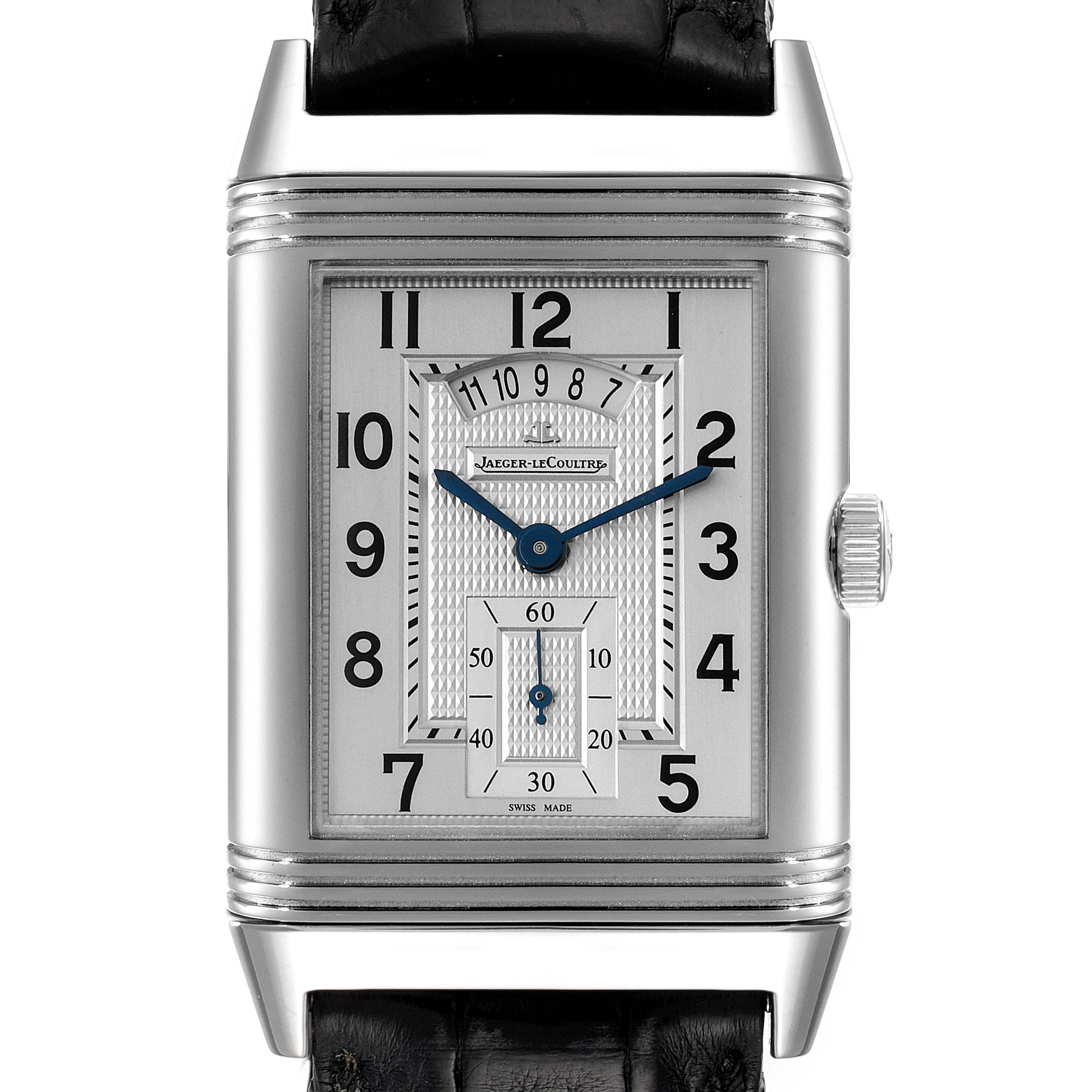 This image shows a front view of the Jaeger-LeCoultre Reverso watch, highlighting its rectangular dial, numeral markings, and crown.