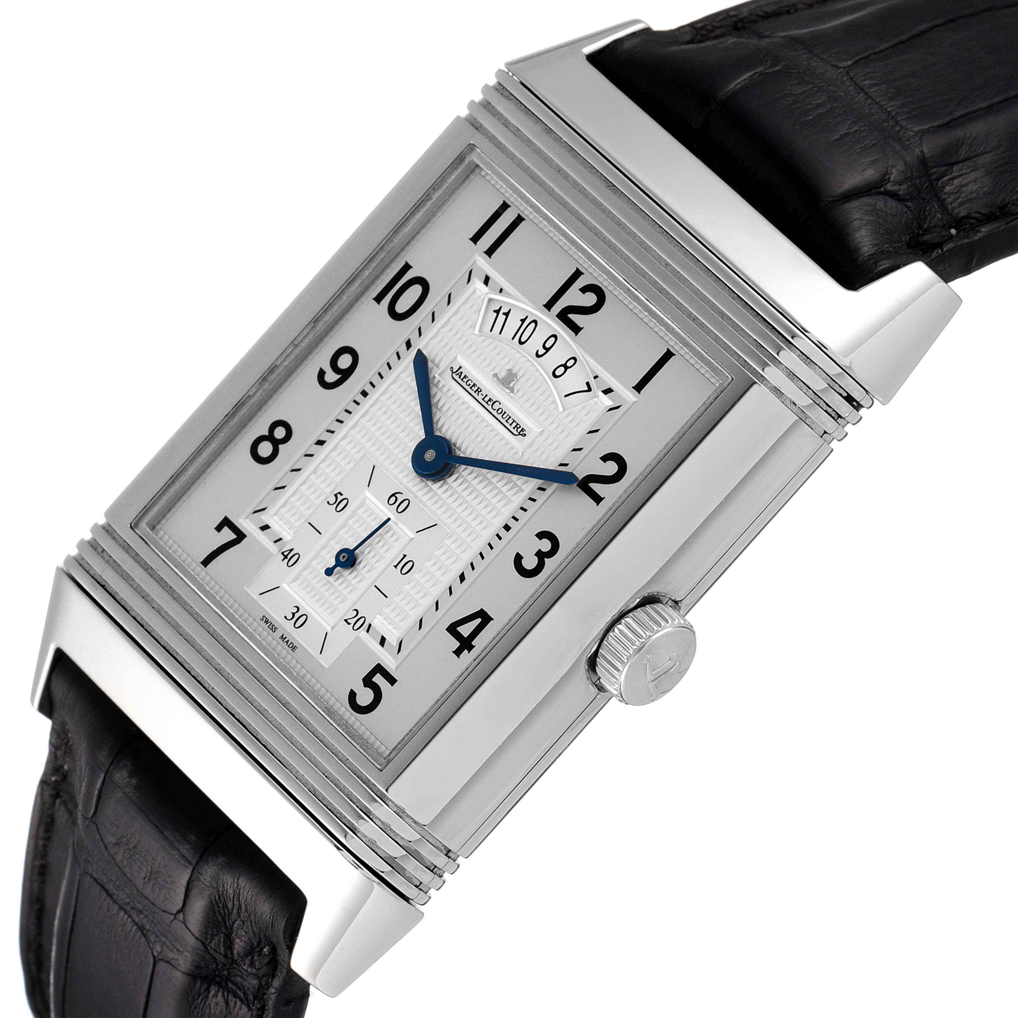 This image shows a close-up of the Jaeger LeCoultre Reverso Q3748420 Men
s Stainless Steel Silver Dial Q3748420 Men
s Stainless Steel Silver Dial watch dial, crown, case, and part of the leather strap at an angled view.