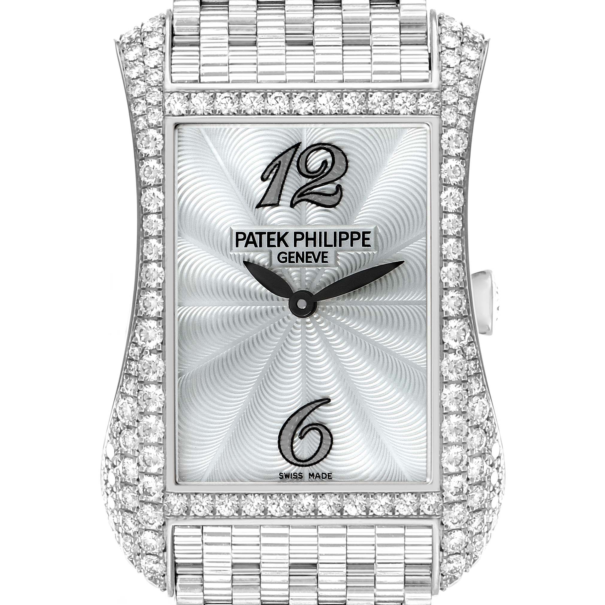The Patek Philippe Gondolo 4972/1G-001 Women's White Gold Mother of Pearl Dial watch is shown from the front, highlighting its dial, bezel, and part of the bracelet.