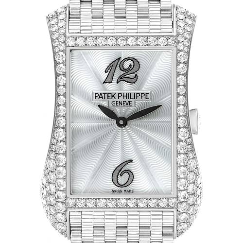 The Patek Philippe Gondolo 4972/1G-001 Women's White Gold Mother of Pearl Dial watch is shown from the front, highlighting its dial, case, and part of the bracelet.