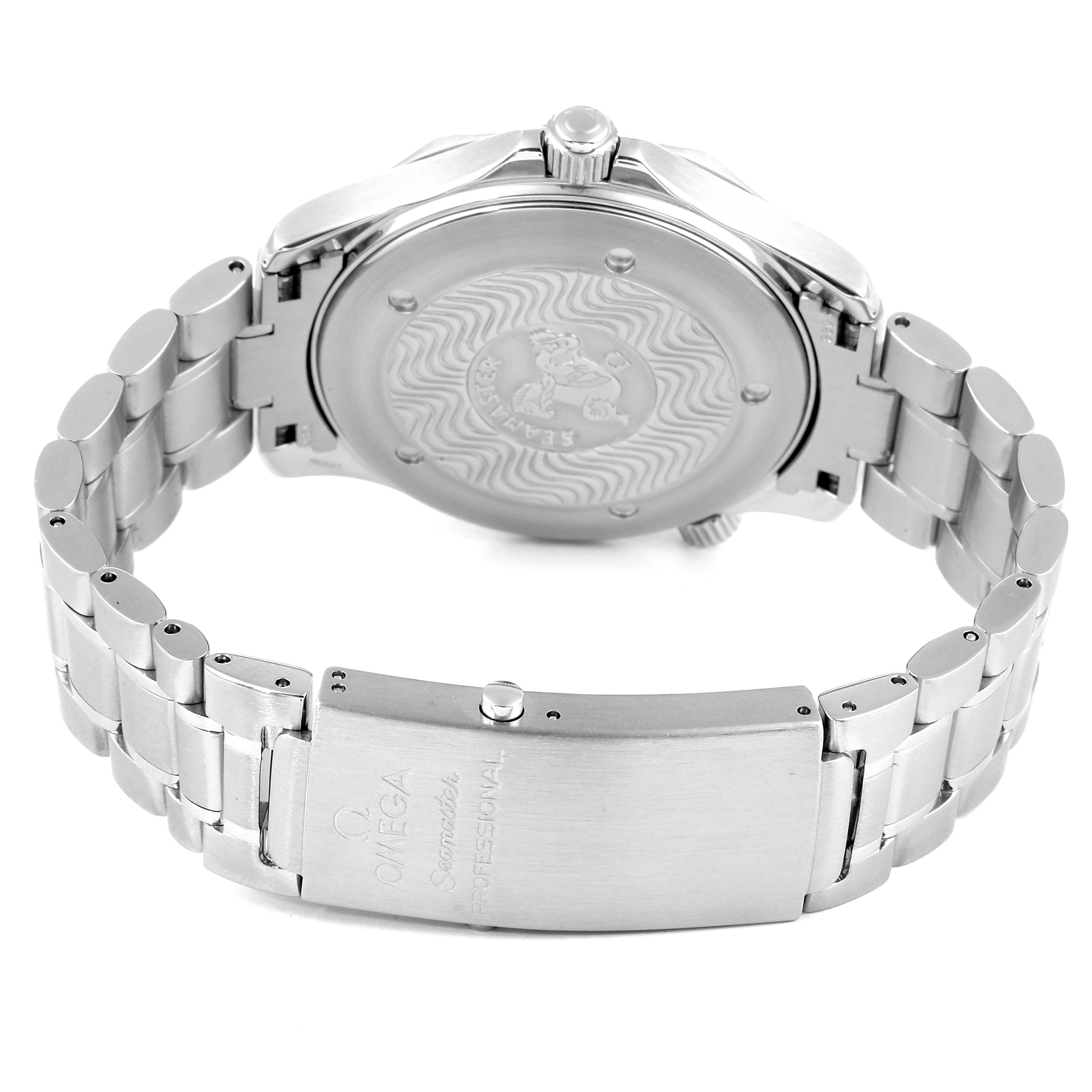 The image shows the back and clasp of an Omega Seamaster 2264.50.00 Men
s Stainless Steel Black Dial 2264.50.00 Men
s Stainless Steel Black Dial watch, highlighting its metal bracelet and case back engraving.