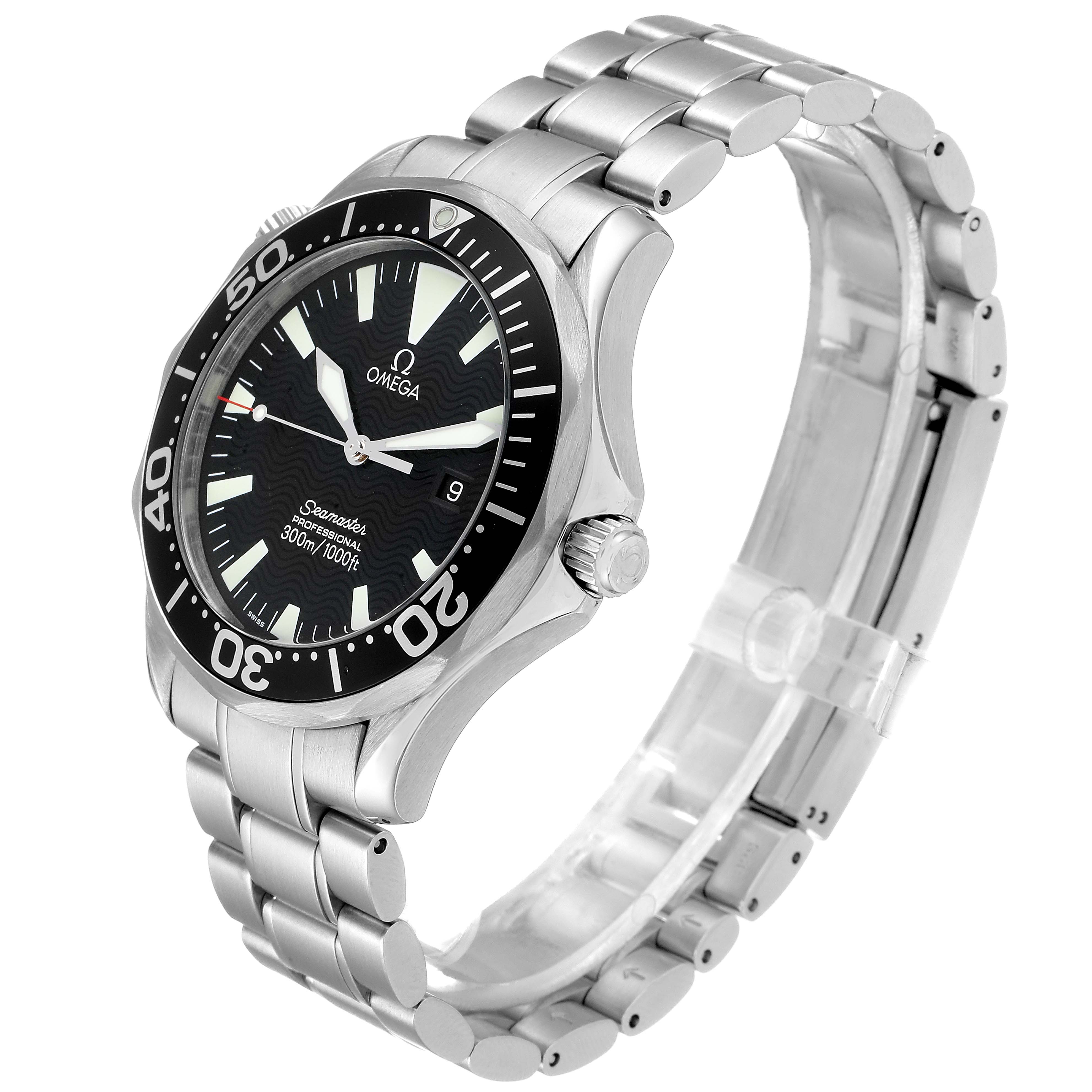This image shows a side angle view of the Omega Seamaster 2264.50.00 Men
s Stainless Steel Black Dial 2264.50.00 Men
s Stainless Steel Black Dial watch, highlighting the bracelet, dial, and bezel.