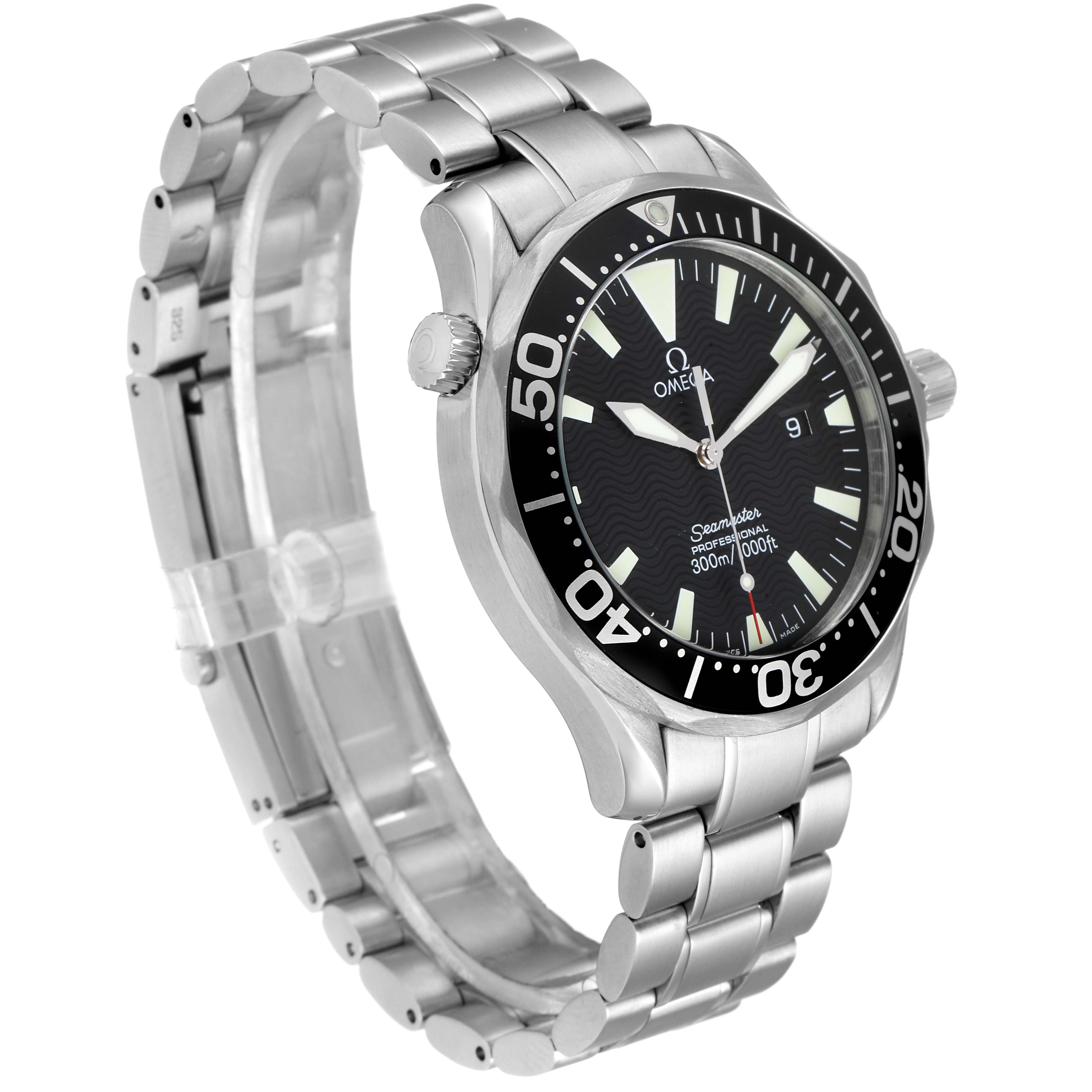 This image shows a side angle of the Omega Seamaster 2264.50.00 Men
s Stainless Steel Black Dial 2264.50.00 Men
s Stainless Steel Black Dial watch, highlighting the dial, bezel, bracelet, and casing.