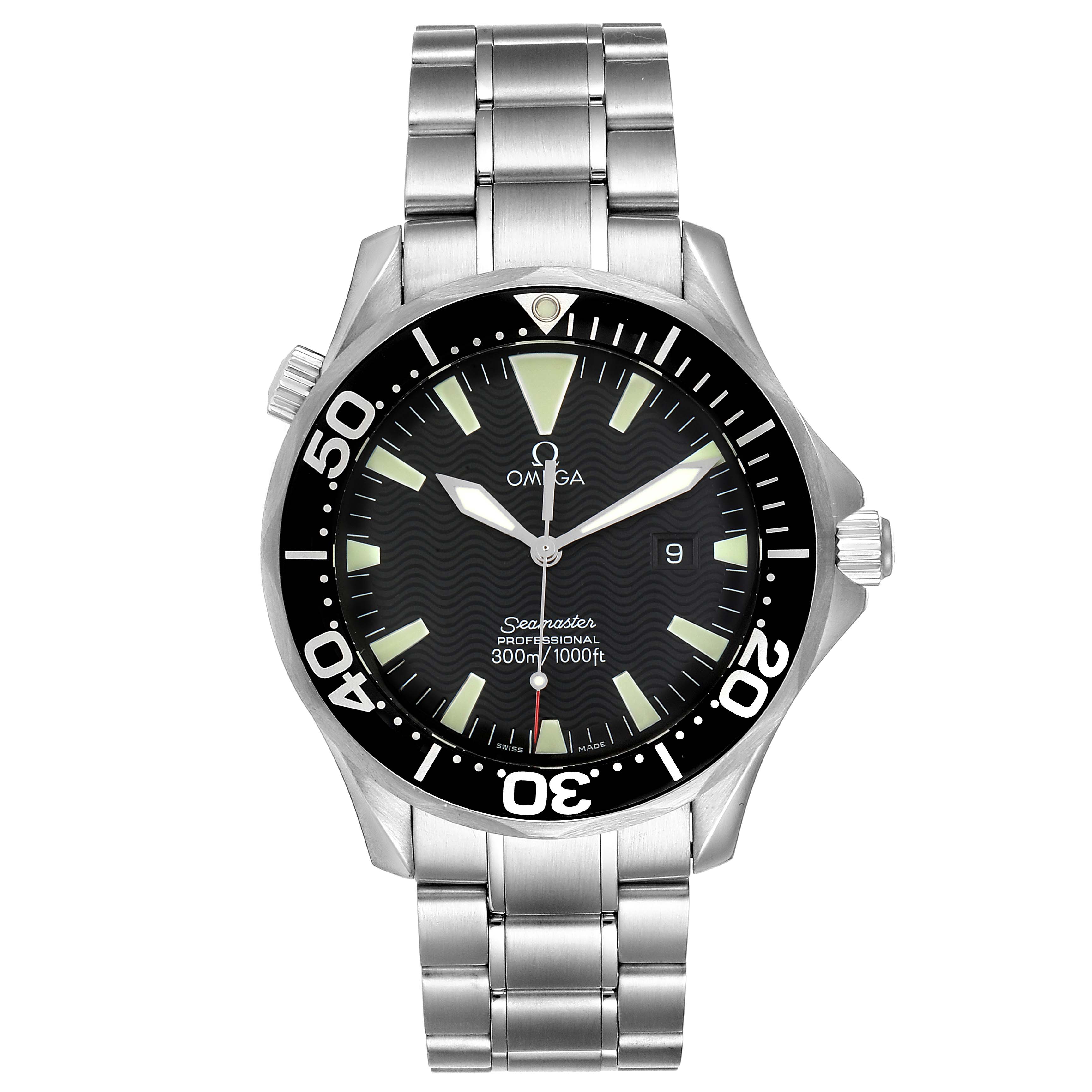 This image shows a frontal view of the Omega Seamaster 2264.50.00 Men
s Stainless Steel Black Dial 2264.50.00 Men
s Stainless Steel Black Dial watch, displaying the dial, bezel, and stainless steel bracelet.